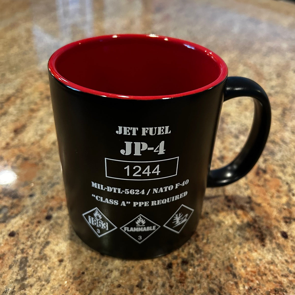 JP-4 Jet Fuel Coffee Mug designed like vintage fuel drum with hazard markings and red interior