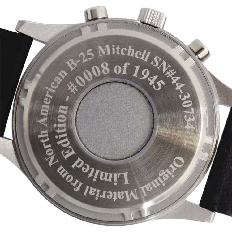 B-25 Mitchell tribute watch with stainless steel brush finish, black dial, and brown leather stitched band