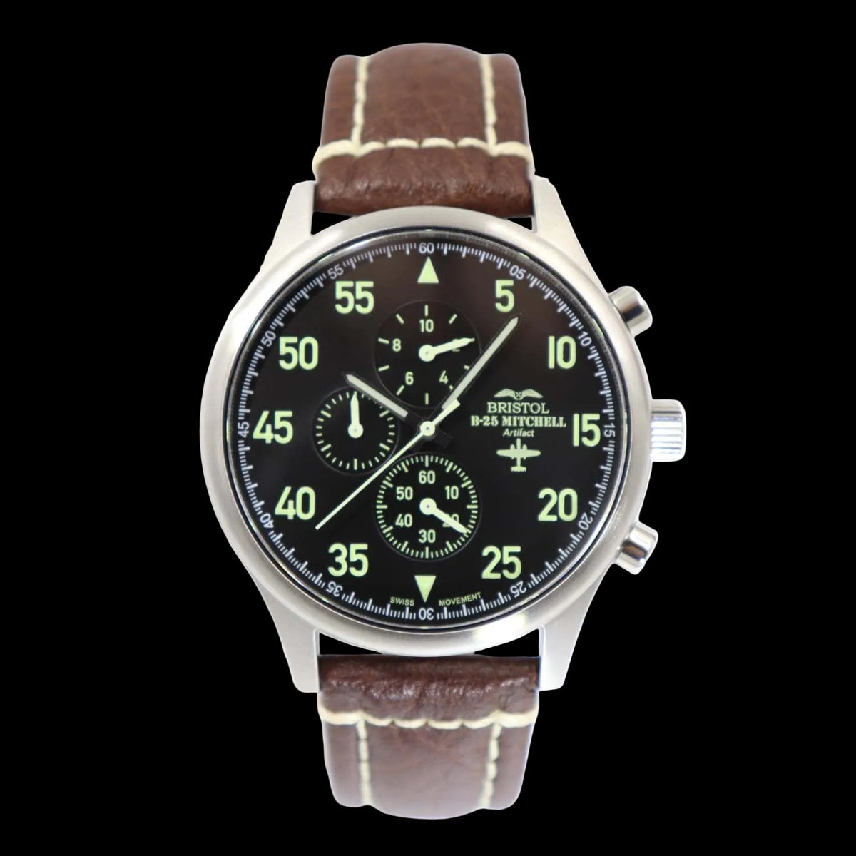 B-25 Mitchell tribute watch with stainless steel brushed case, black dial, and brown leather stitched band
