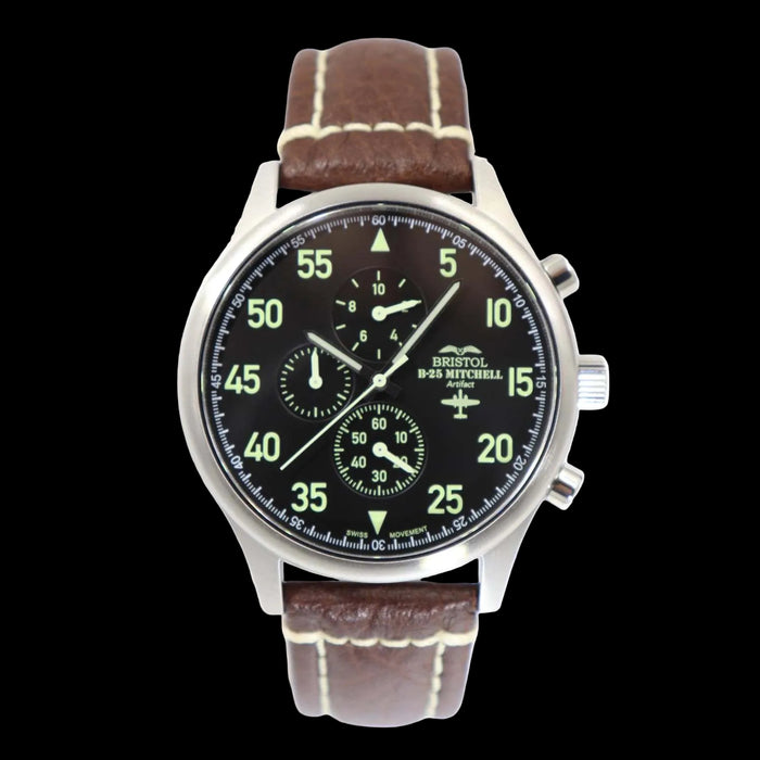 B-25 Mitchell tribute watch with stainless steel brushed case, black dial, and brown leather stitched band