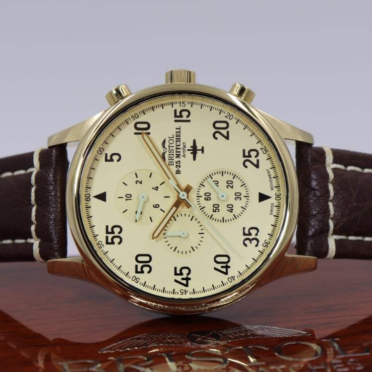 Gold finish B-25 Mitchell Tribute watch with beige dial and brown stitched leather band