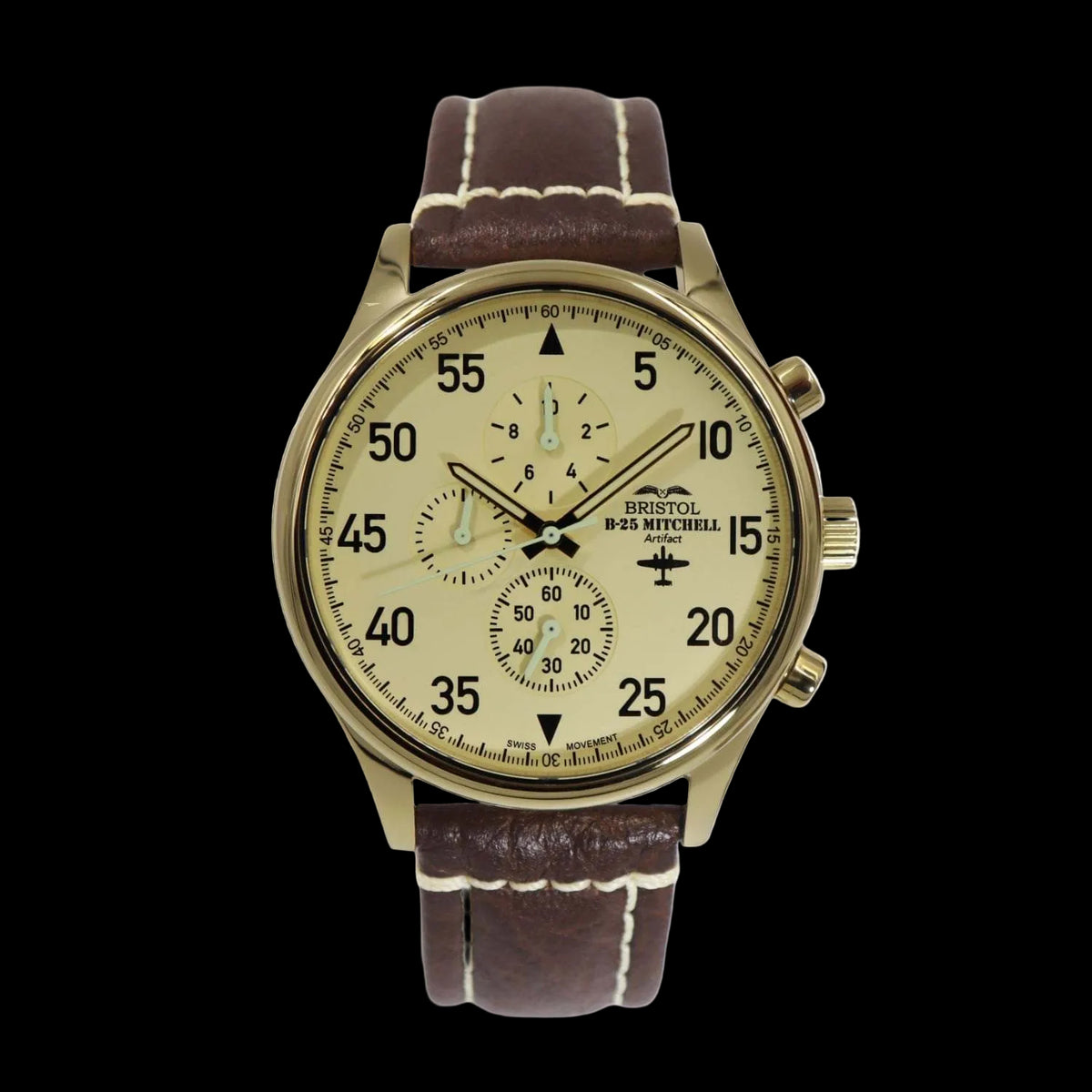 Gold finish B-25 Mitchell Tribute watch with beige dial and brown stitched leather band