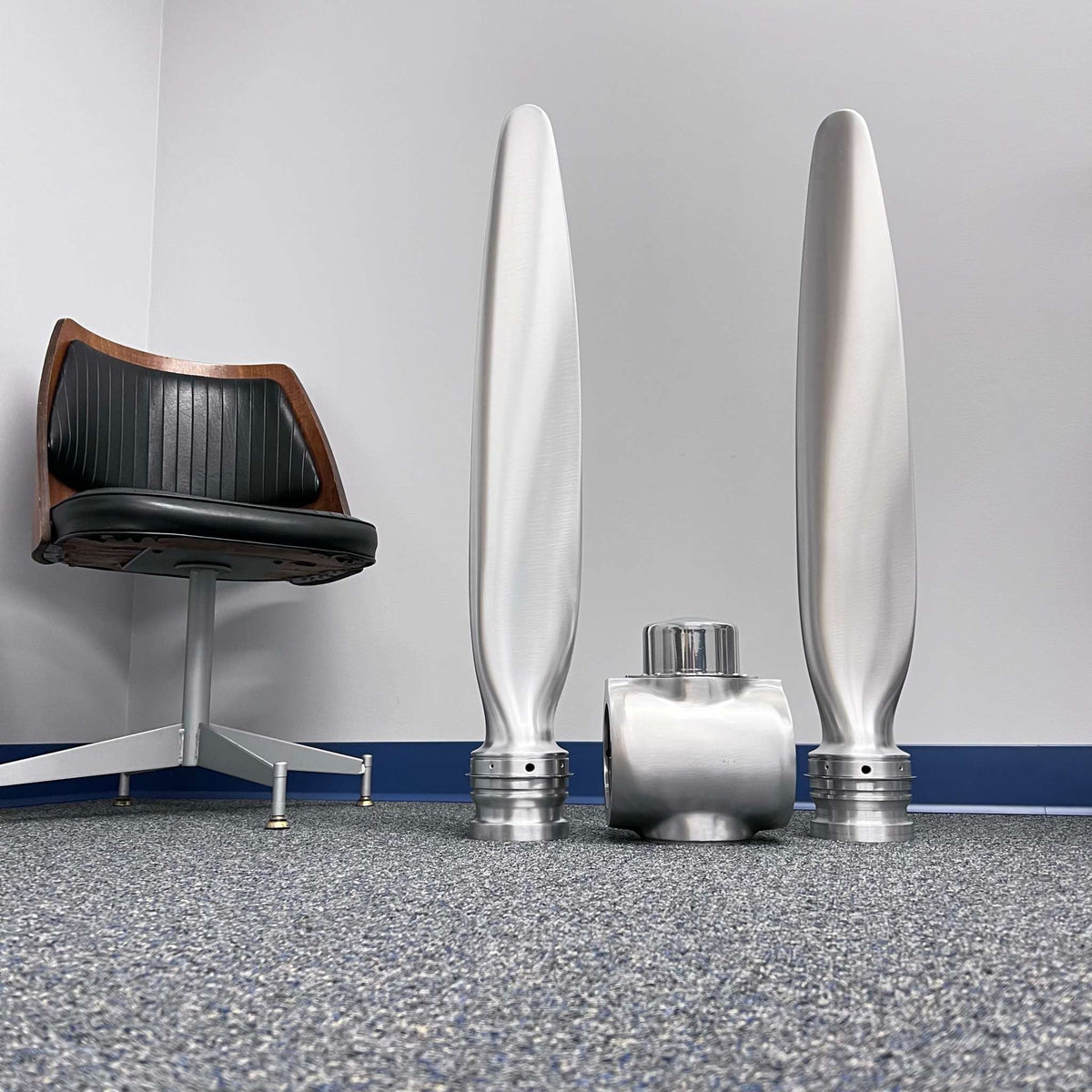 2-bladed McCauley aluminum metal airplane propeller with brushed aluminum finish and chrome accents wall display