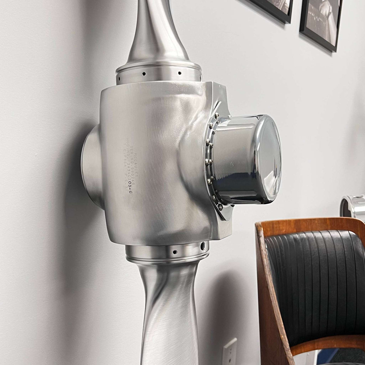2-bladed McCauley aluminum metal airplane propeller with brushed aluminum finish wall display