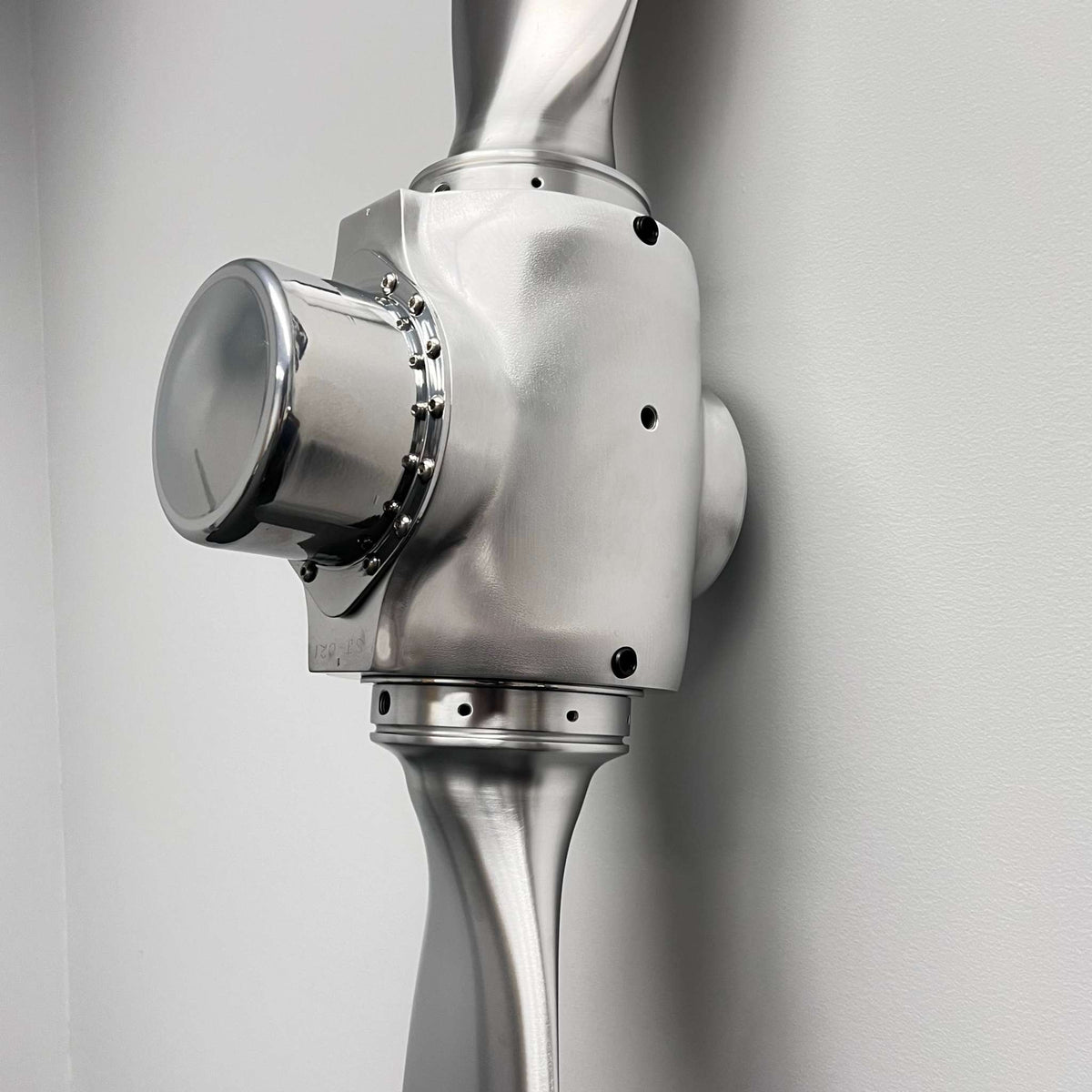 2-bladed McCauley aluminum metal airplane propeller wall display with brushed finish and chrome details