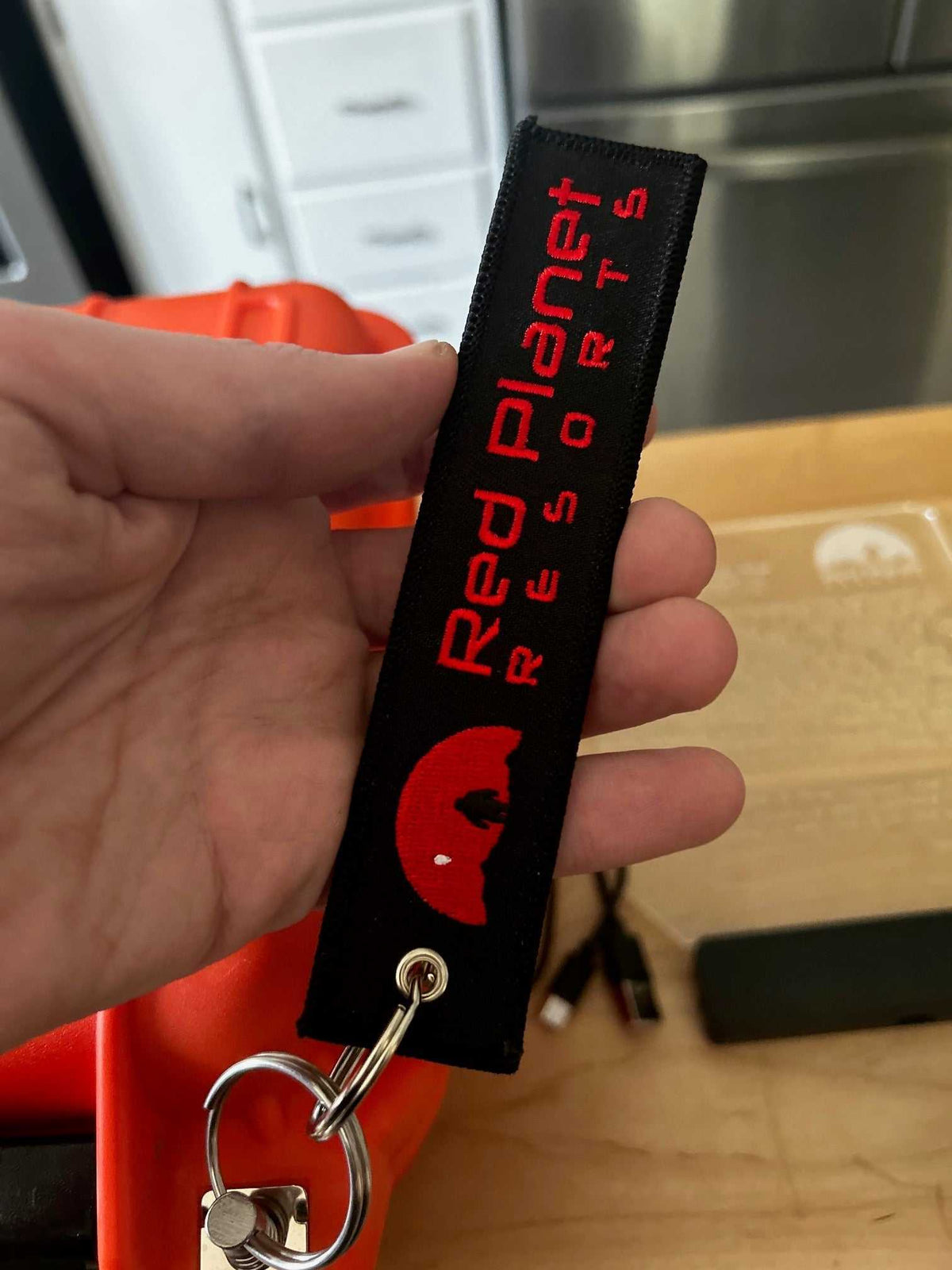 Mars Approved Flight Tag black embroidered keyring with red Red Planet Resorts logo