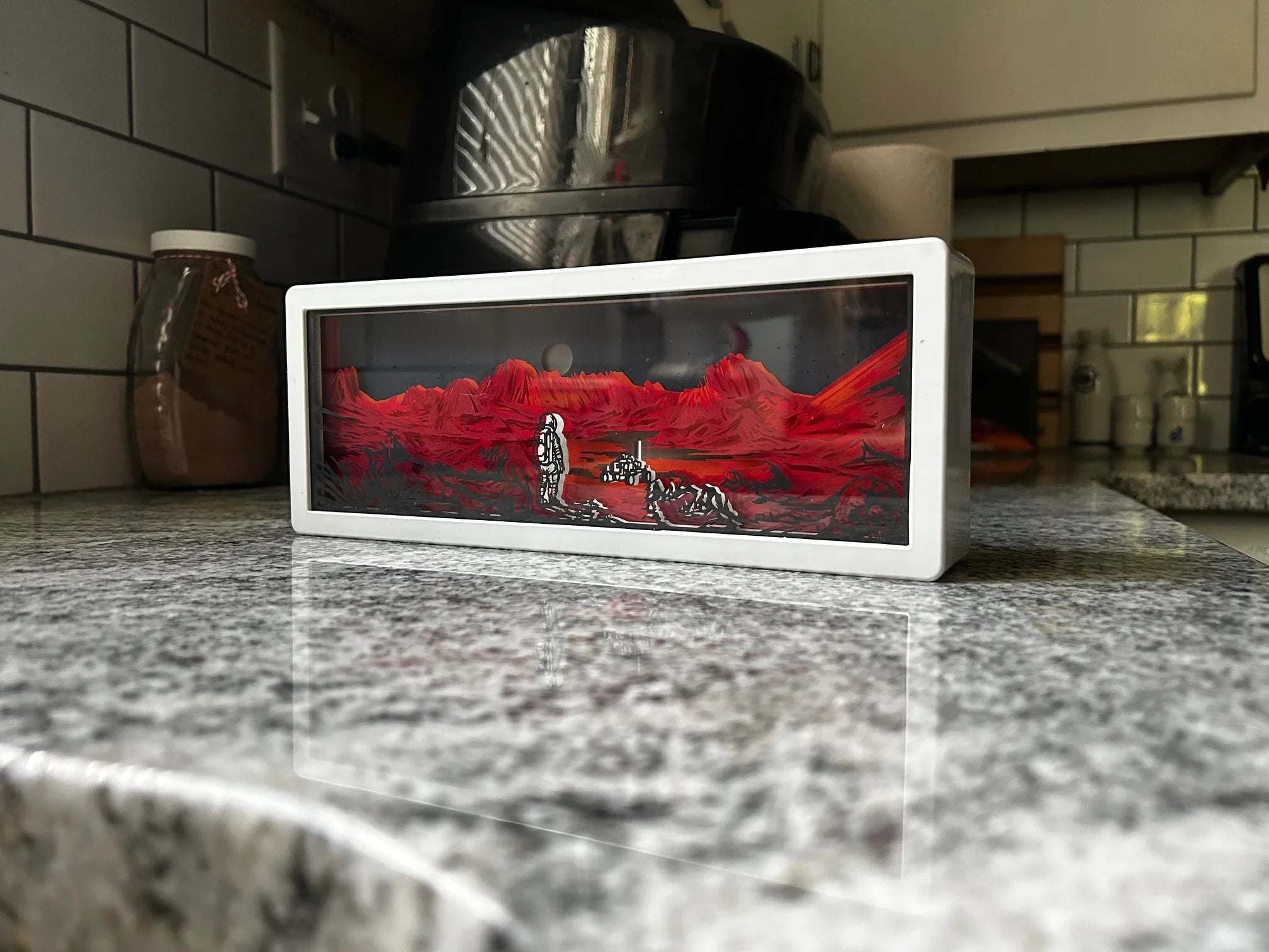 Walking on Mars 3D Paper Light featuring laser-cut 3D Martian scene with warm LED glow powered by USB or batteries