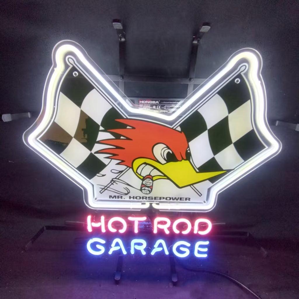 Mr Horsepower Hot Rod Garage neon sign with real glass tubes and metal grid backing.