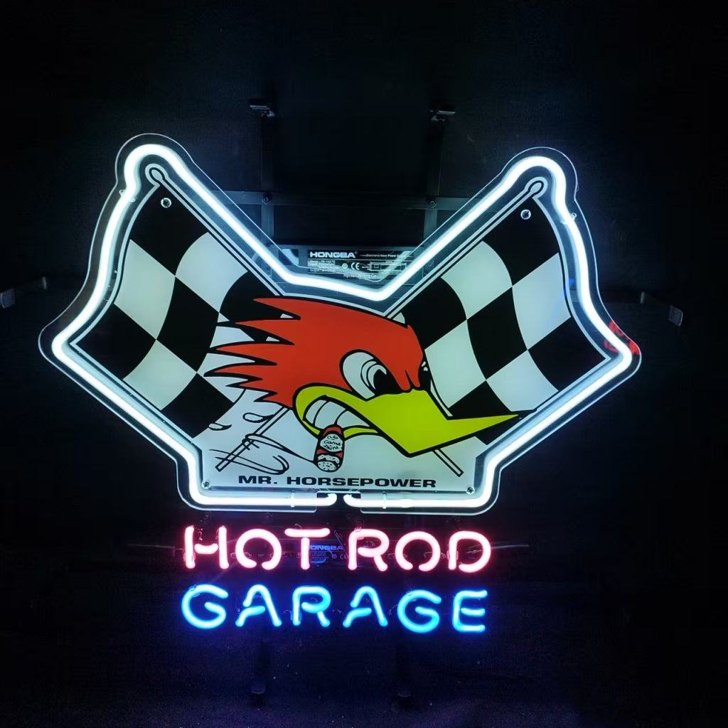 Mr Horsepower Hot Rod Garage neon sign with real glass tube and metal grid backing