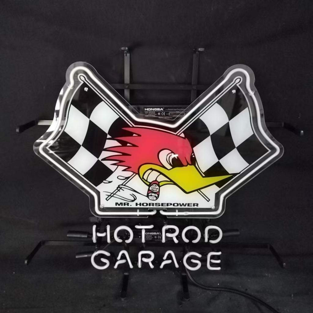 Mr Horsepower hot rod garage neon sign with glass tube and metal grid backing for indoor use