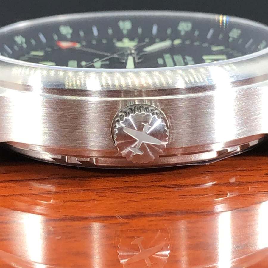 P-51 Mustang Tribute watch with stainless steel brushed case and brown leather band