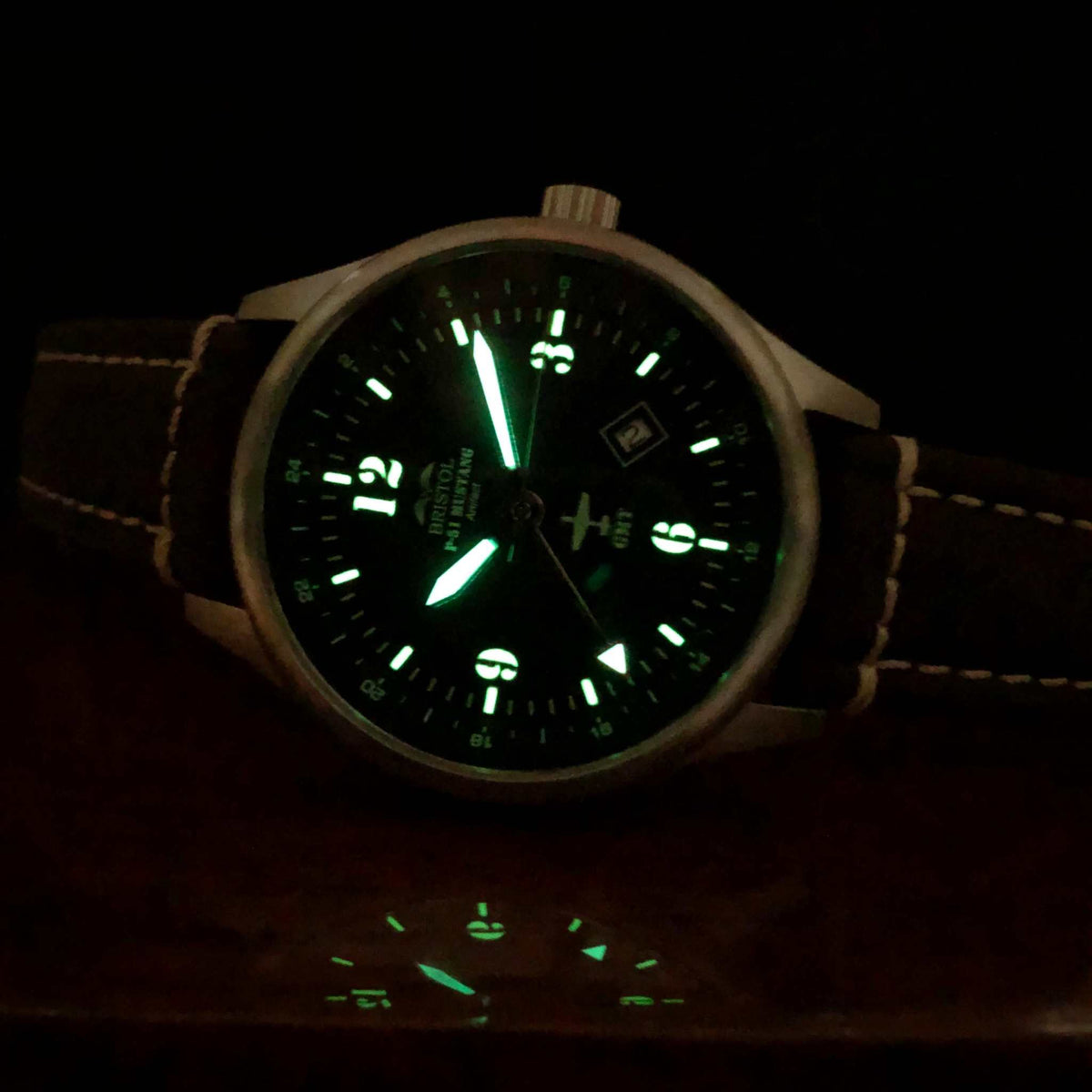 P-51 Mustang Tribute watch with stainless steel brushed finish and brown leather band