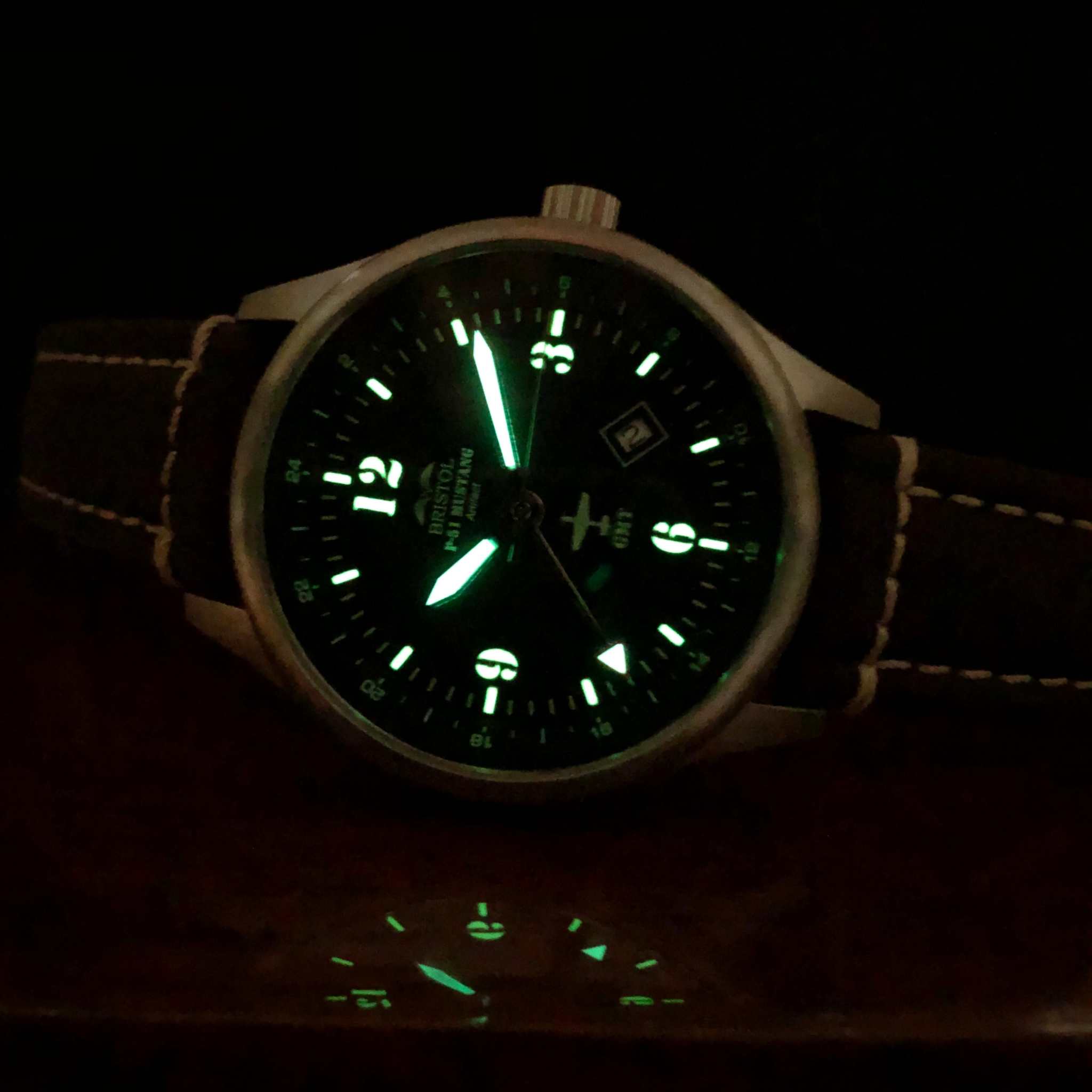 P-51 Mustang Tribute watch with stainless steel brushed finish and brown leather band