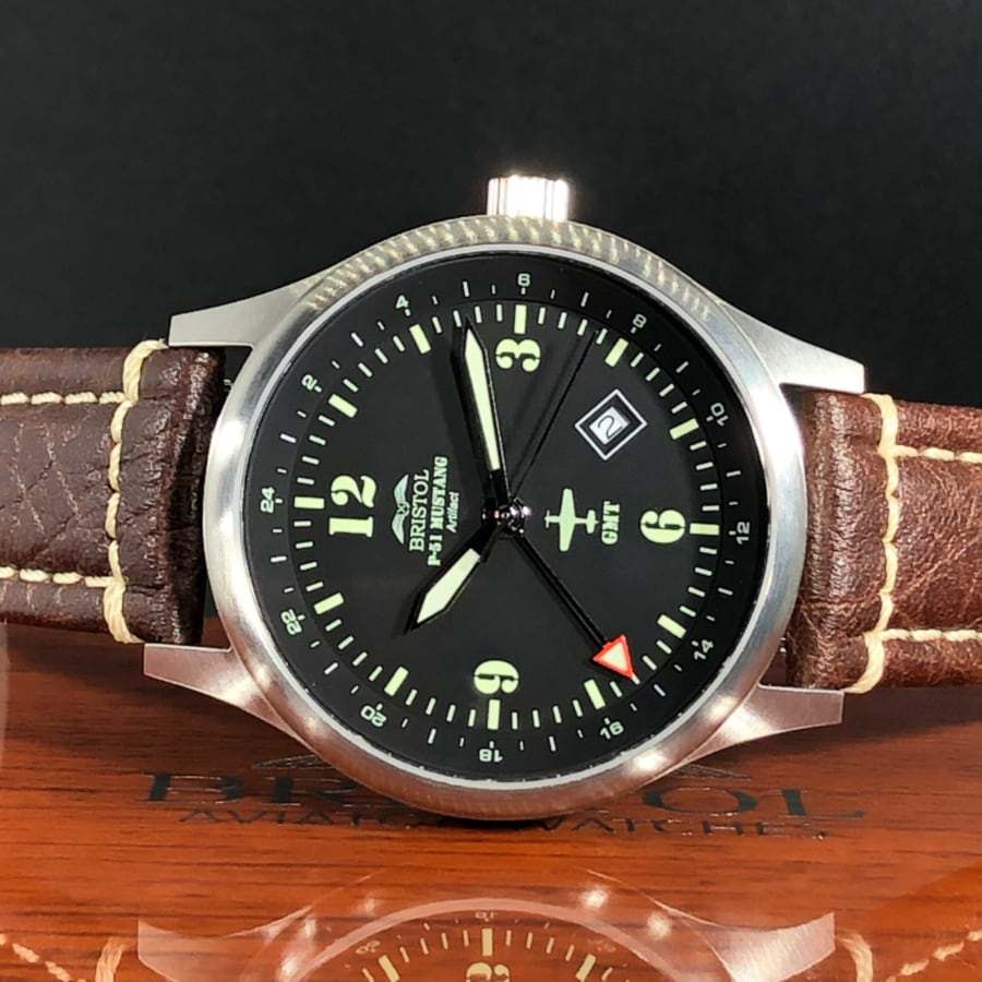 P-51 Mustang Tribute watch with stainless steel brushed finish and brown leather band