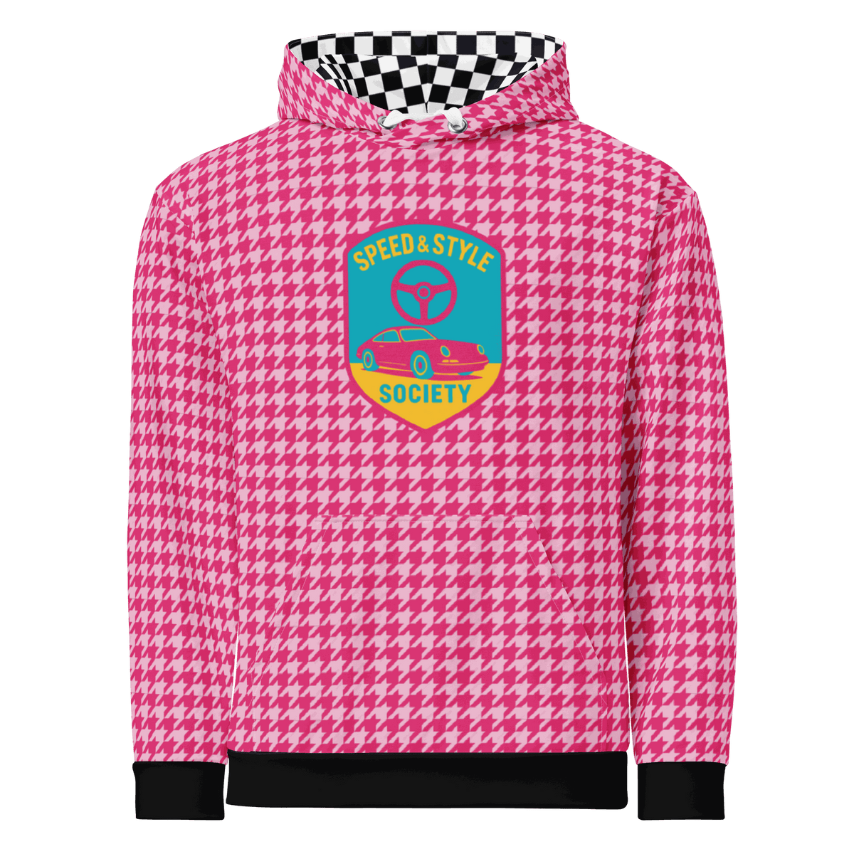 Pink houndstooth motorcycle hoodie with Speed & Style Society logo and checkered hood lining