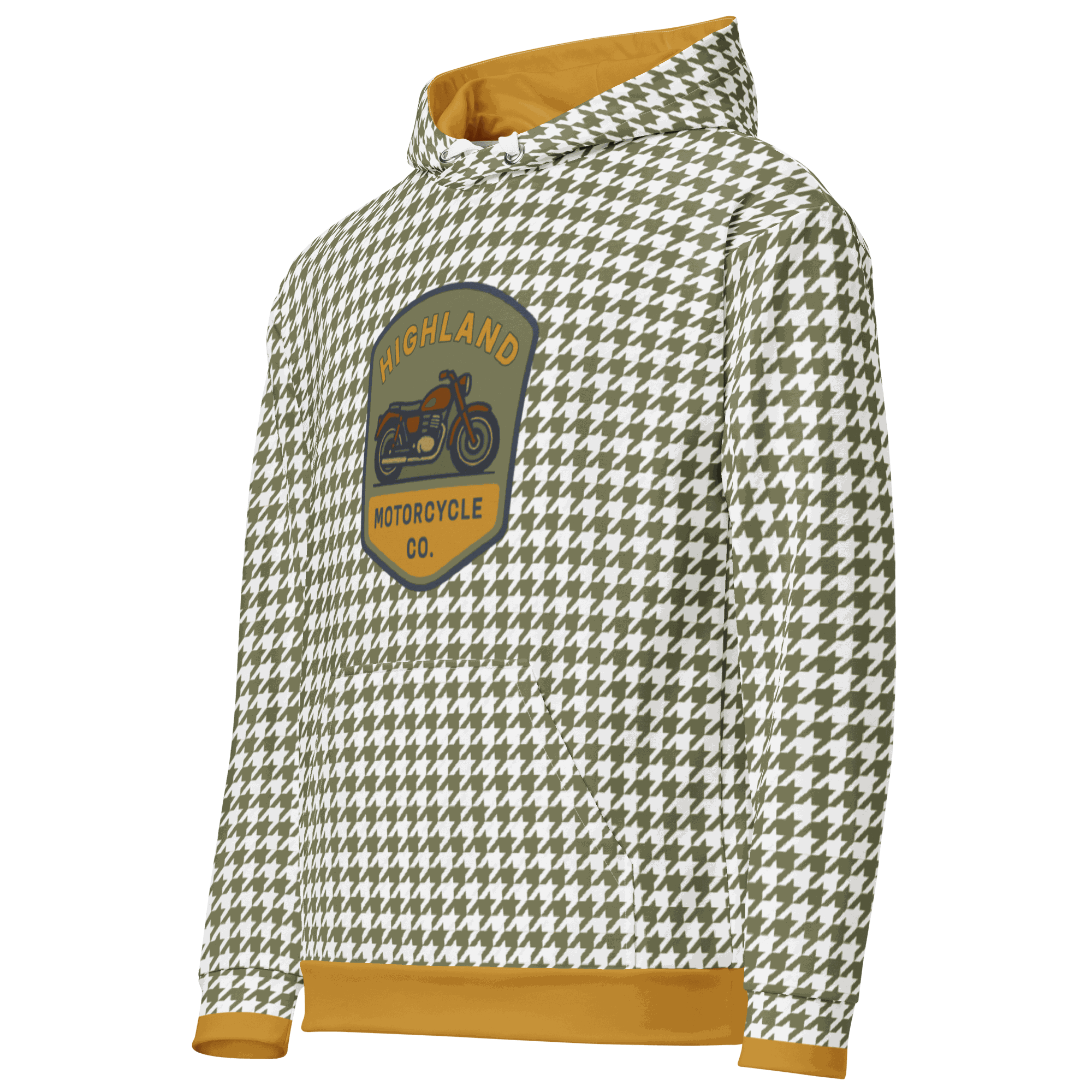 Unisex houndstooth motorcycle hoodie with soft brushed fleece lining and double-lined hood.