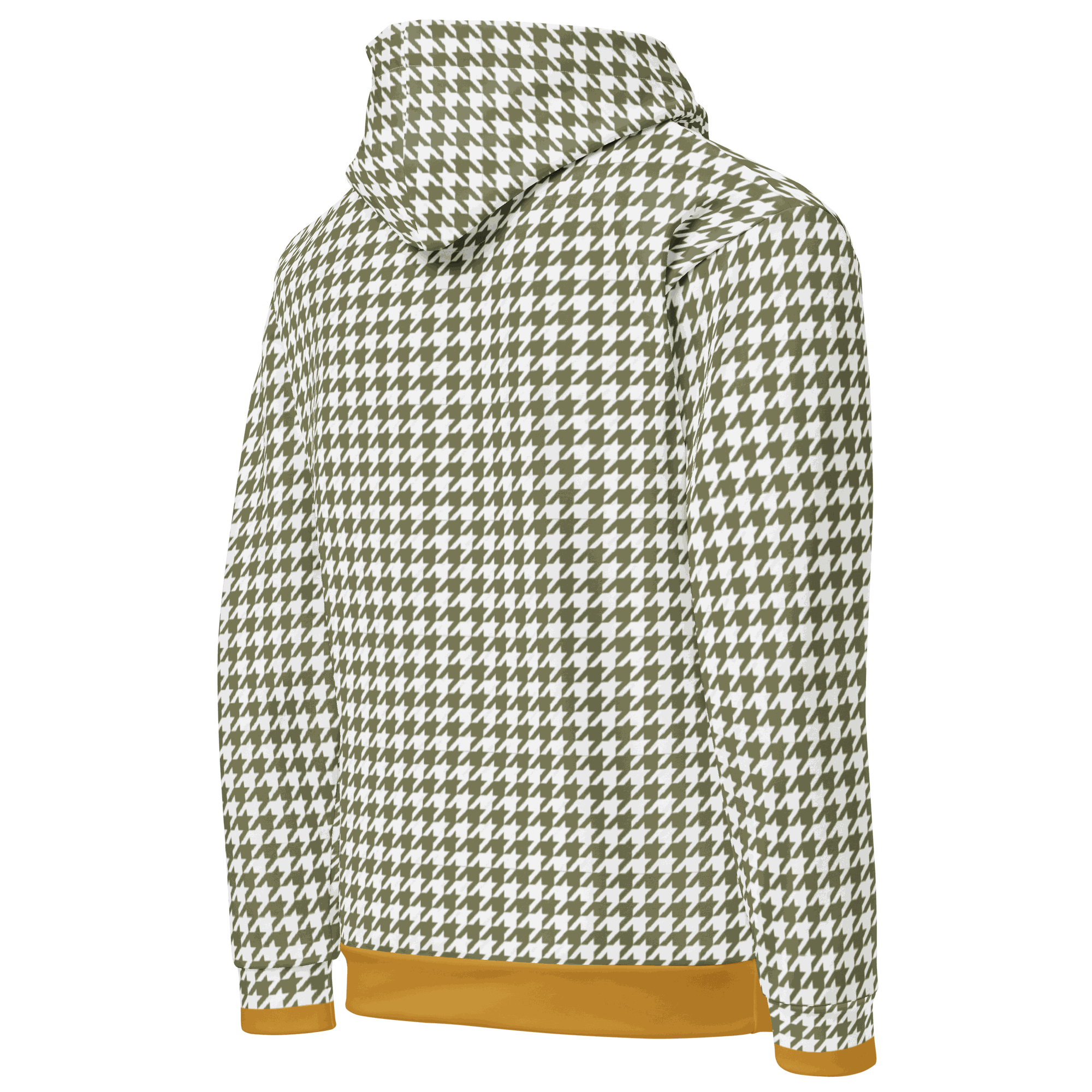 Back view of unisex houndstooth motorcycle hoodie with double-lined hood and mustard cuffs