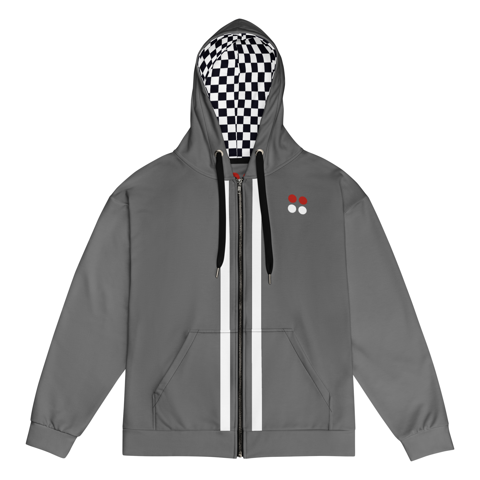 Gray sustainable aviation hoodie with zip, checkered hood lining, and front pockets