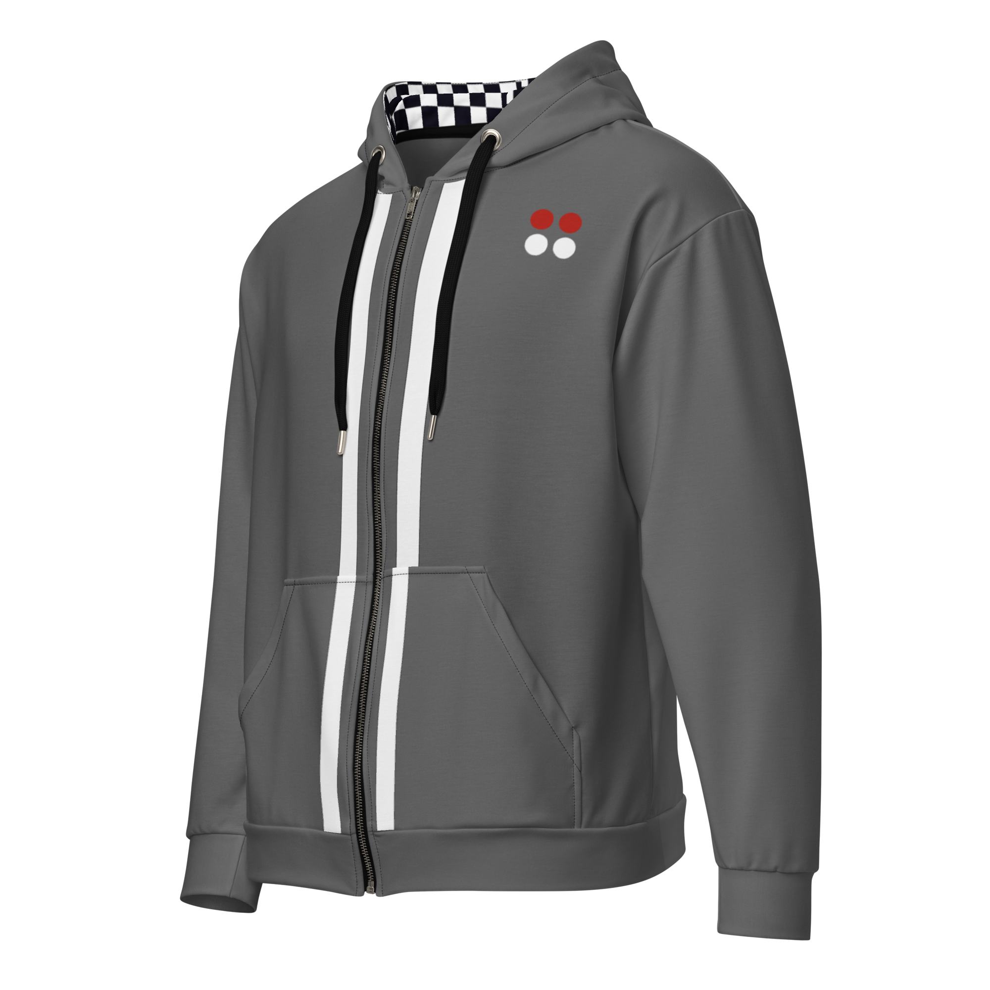 Gray sustainable aviation hoodie with white stripes, front zipper, and checkered hood lining