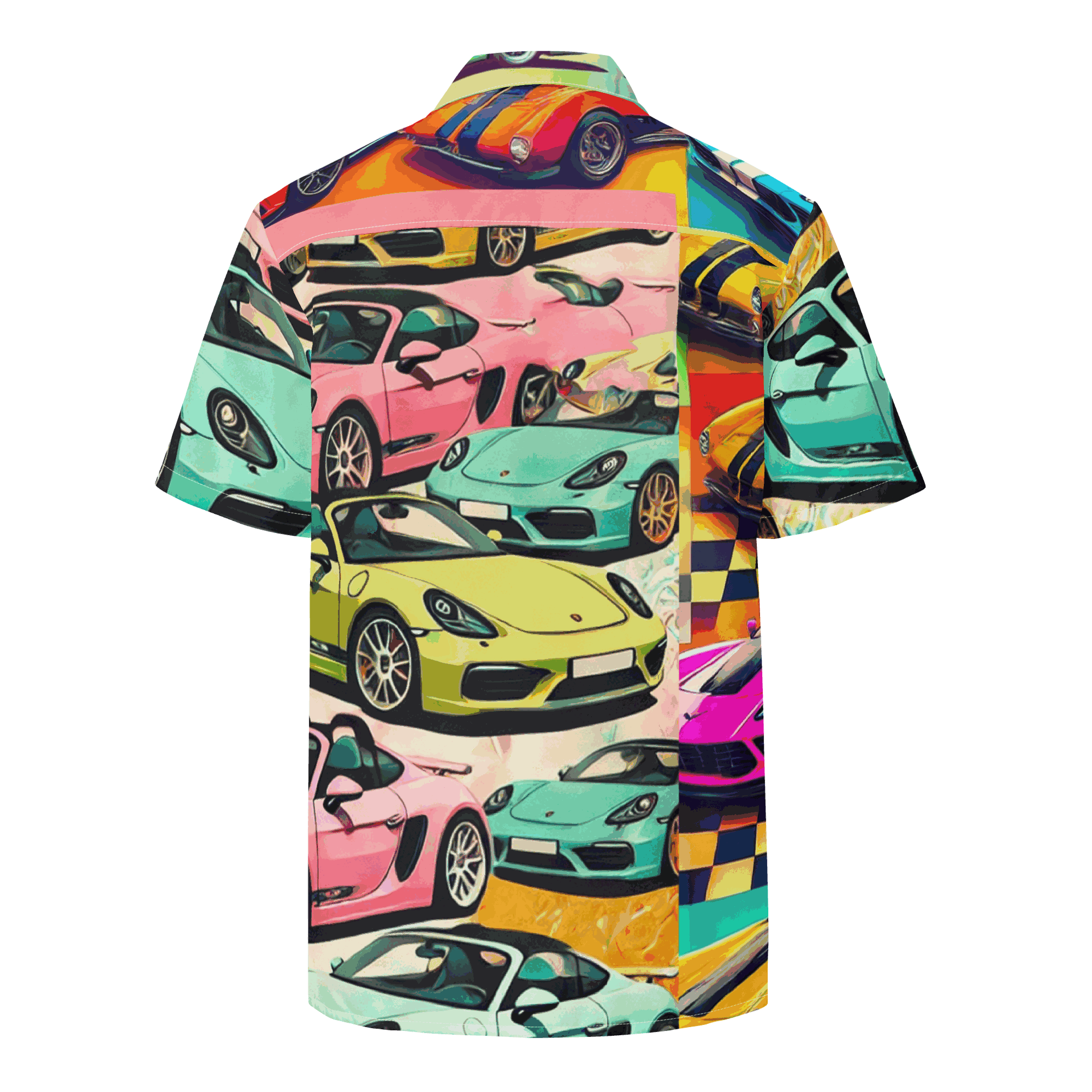 Seven Eighteen Button Up summer shirt with colorful car print, oversized fit, breathable moisture-wicking fabric, and UPF50+ protection