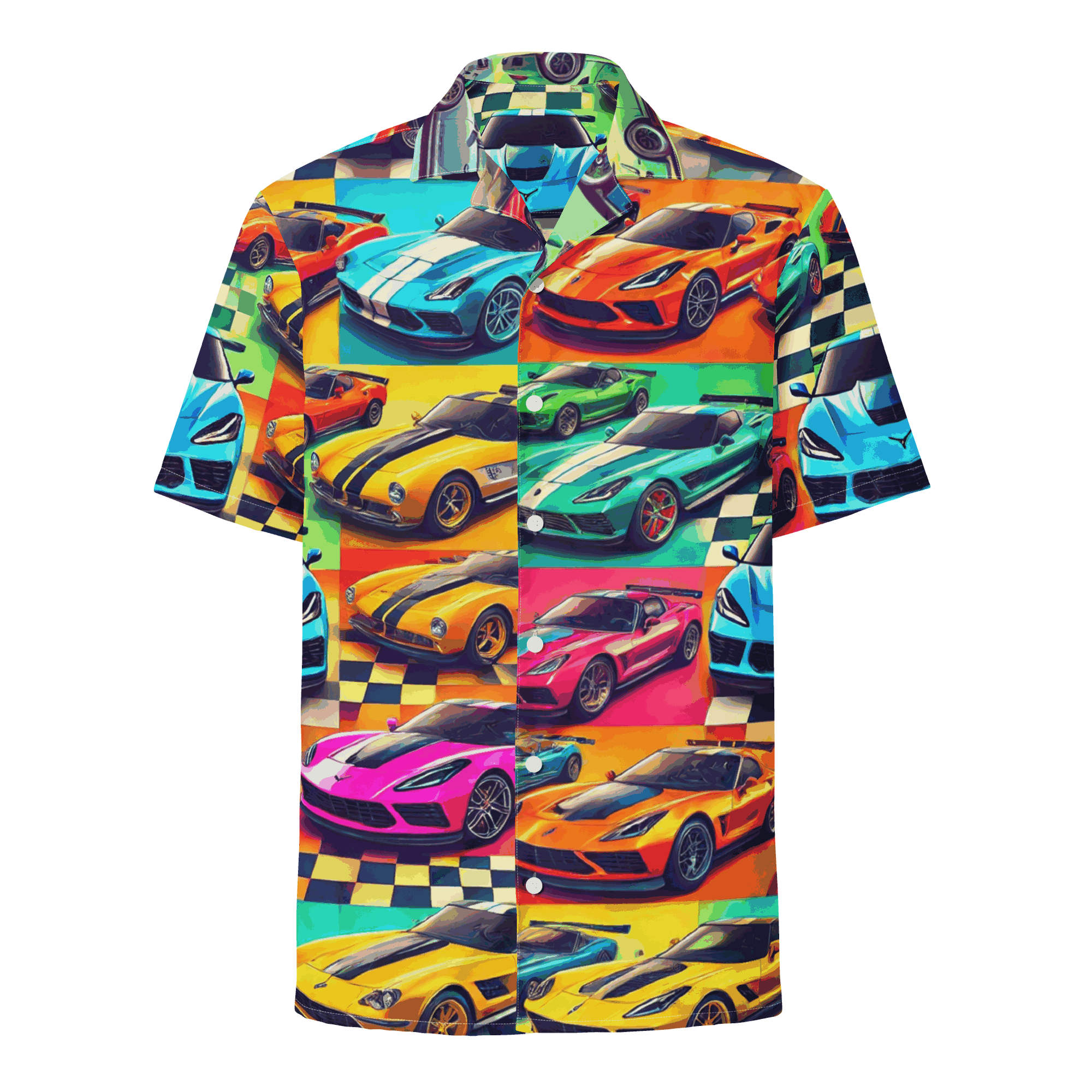 Vette Button Up summer shirt with colorful sports car print, breathable moisture-wicking fabric, oversized fit, and UPF50+ protection