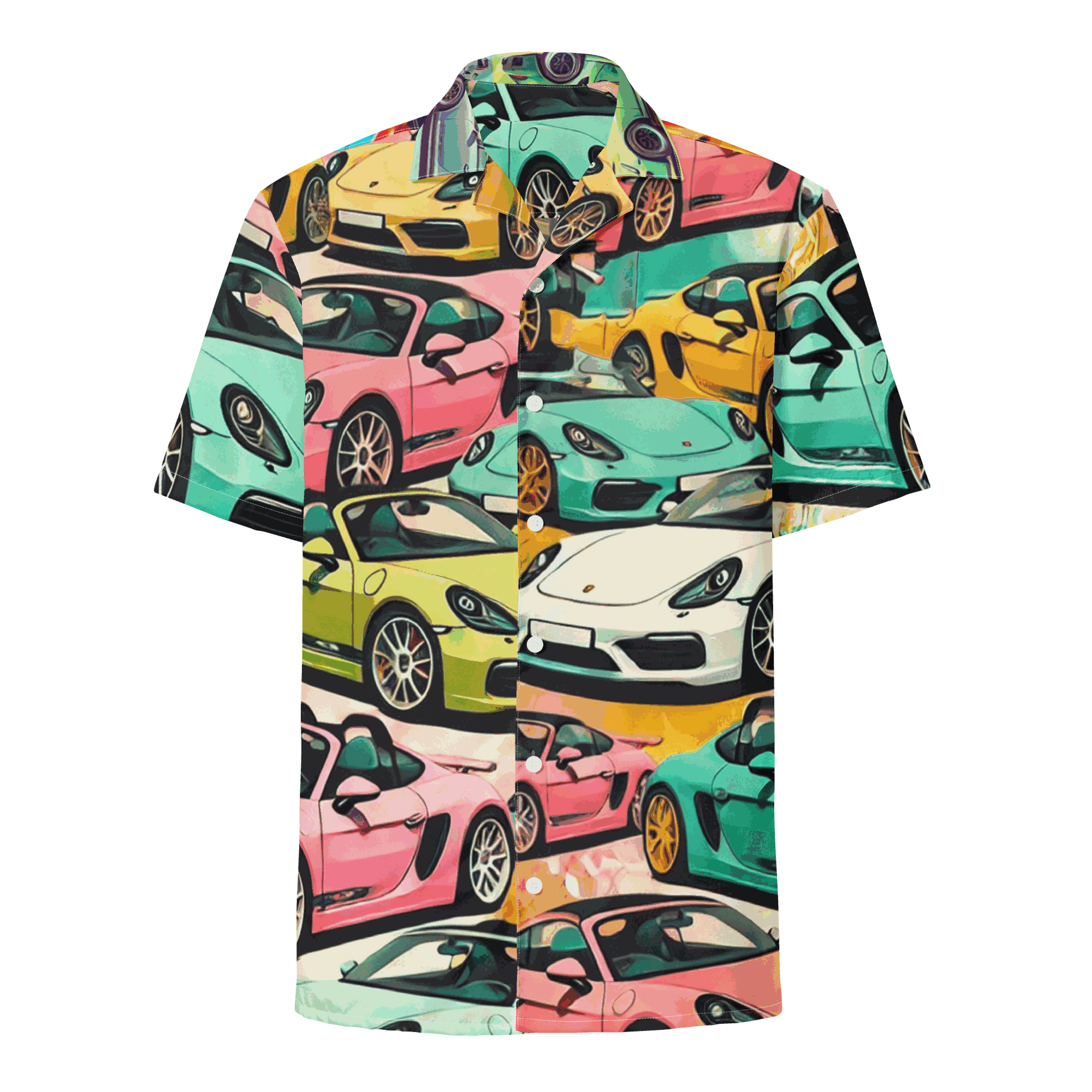 Seven Eighteen Button Up summer shirt with colorful sports car print, breathable moisture-wicking fabric, and oversized fit.