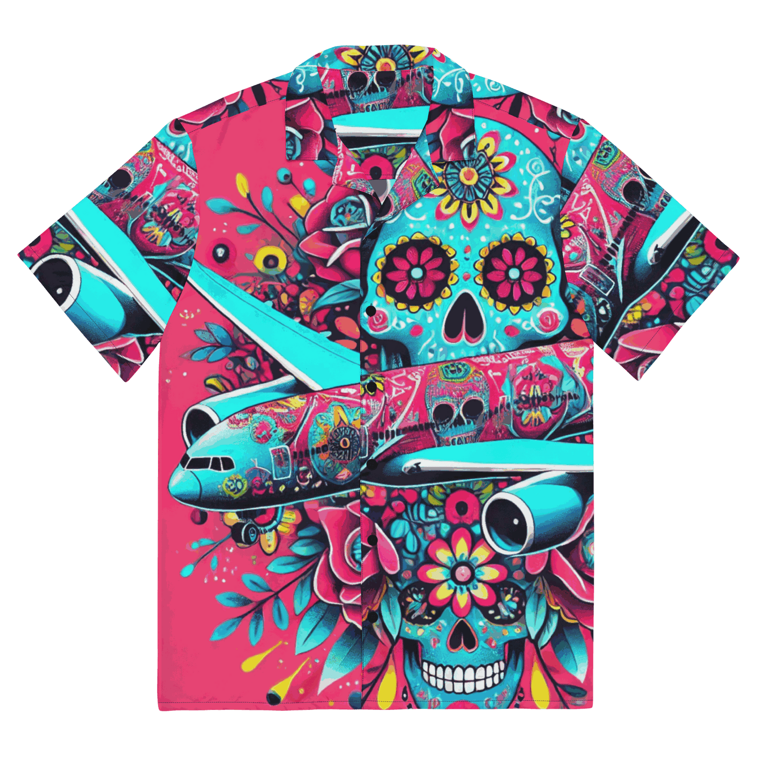Día de Muertos Hawaiian shirt with vibrant sugar skull and airplane design on pink background, breathable fabric, button-up style.