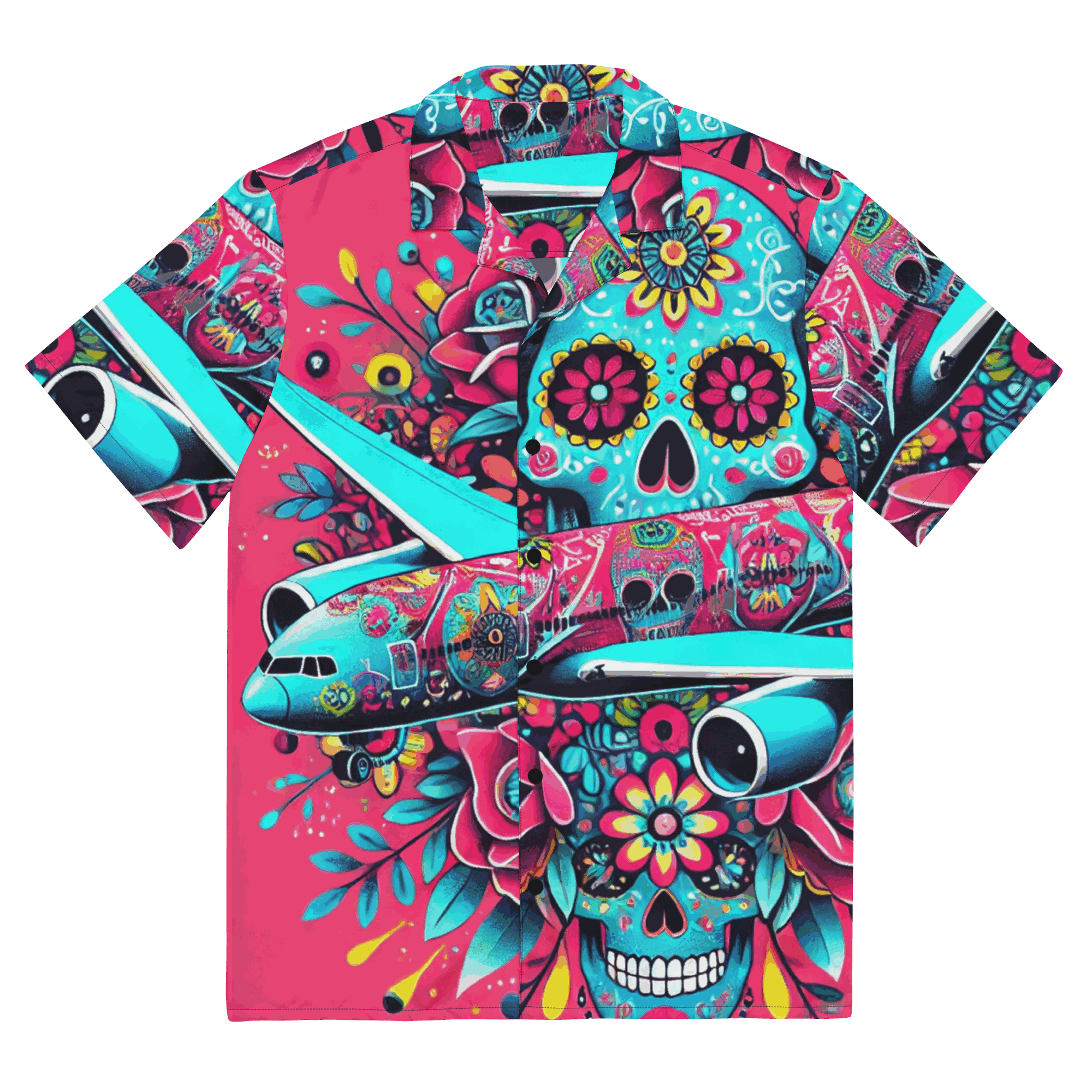 Día de Muertos Hawaiian shirt with vibrant sugar skull and airplane design on pink background, breathable fabric, button-up style.