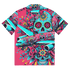 Día de Muertos Hawaiian shirt with vibrant sugar skull and airplane design on pink background, breathable fabric, button-up style.