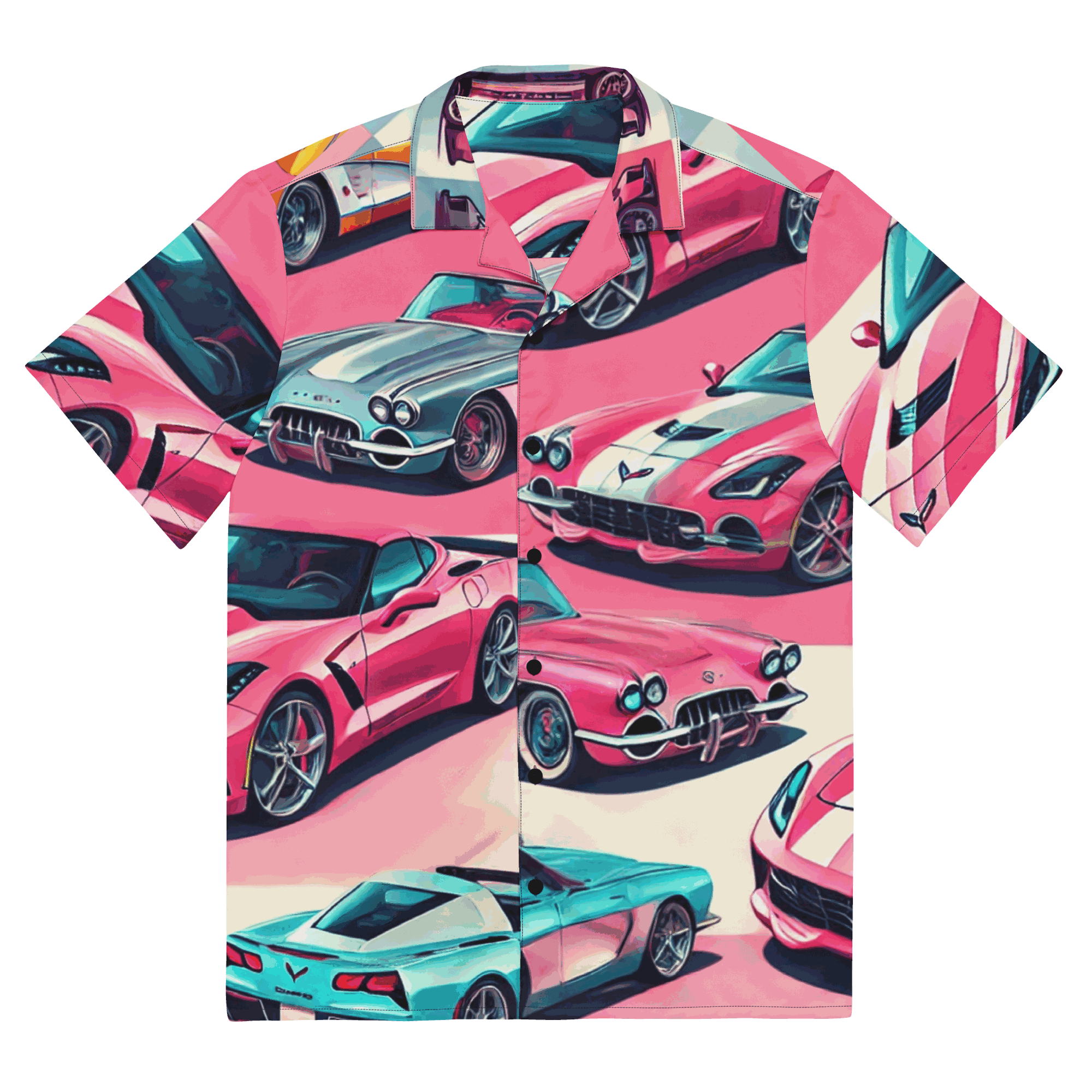 Hawaiian Button Up summer shirt with vintage car print, breathable moisture-wicking fabric, oversized fit, and UPF50+ protection