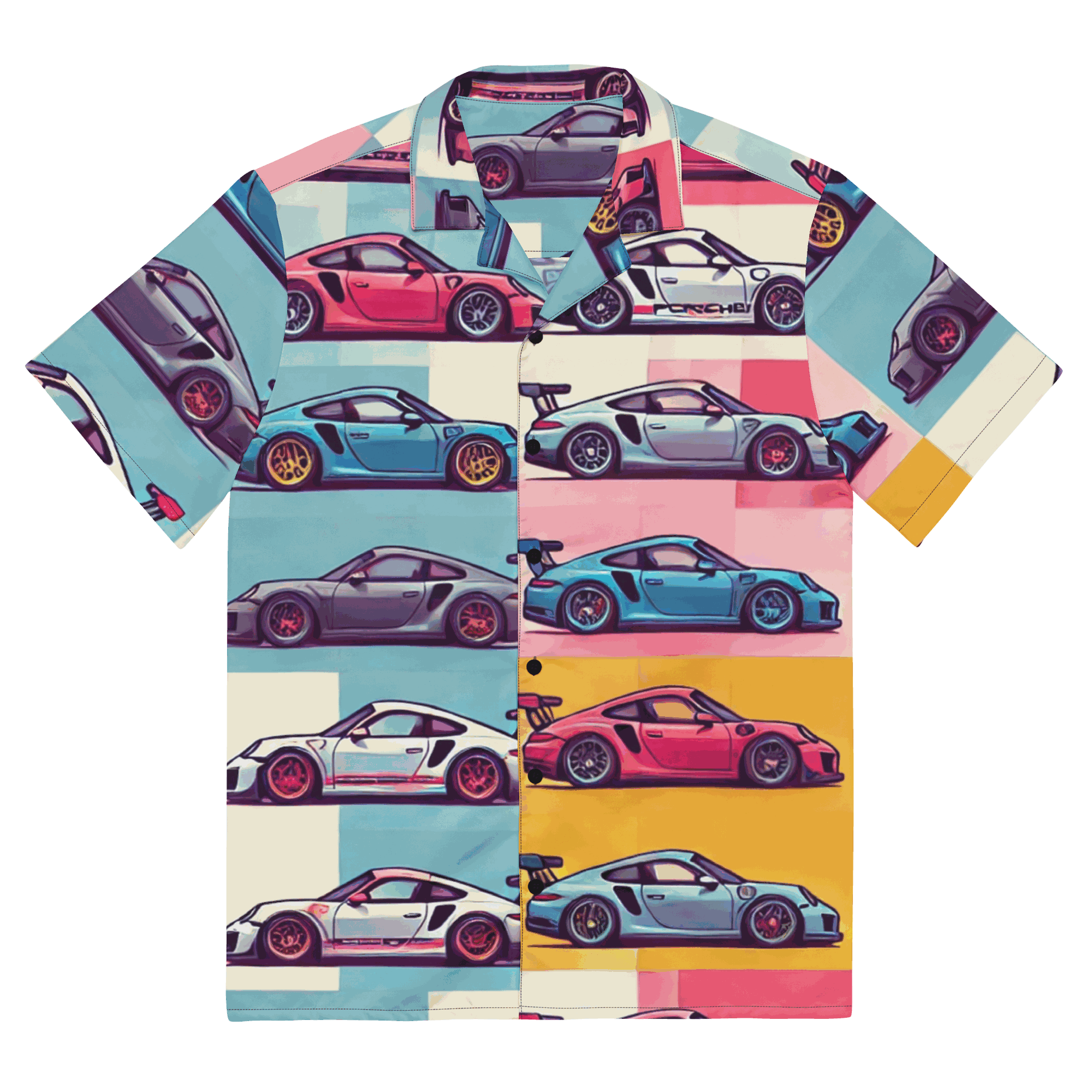 Hawaiian Button Up shirt with colorful race car print, breathable moisture-wicking fabric, oversized fit, and UPF50+ protection.