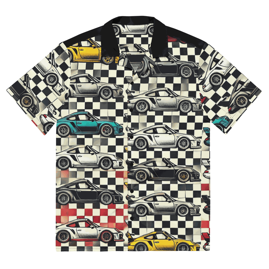 Hawaiian Button Up shirt with vintage car and checkerboard print, breathable moisture-wicking fabric, oversized fit, and UPF50+ protection
