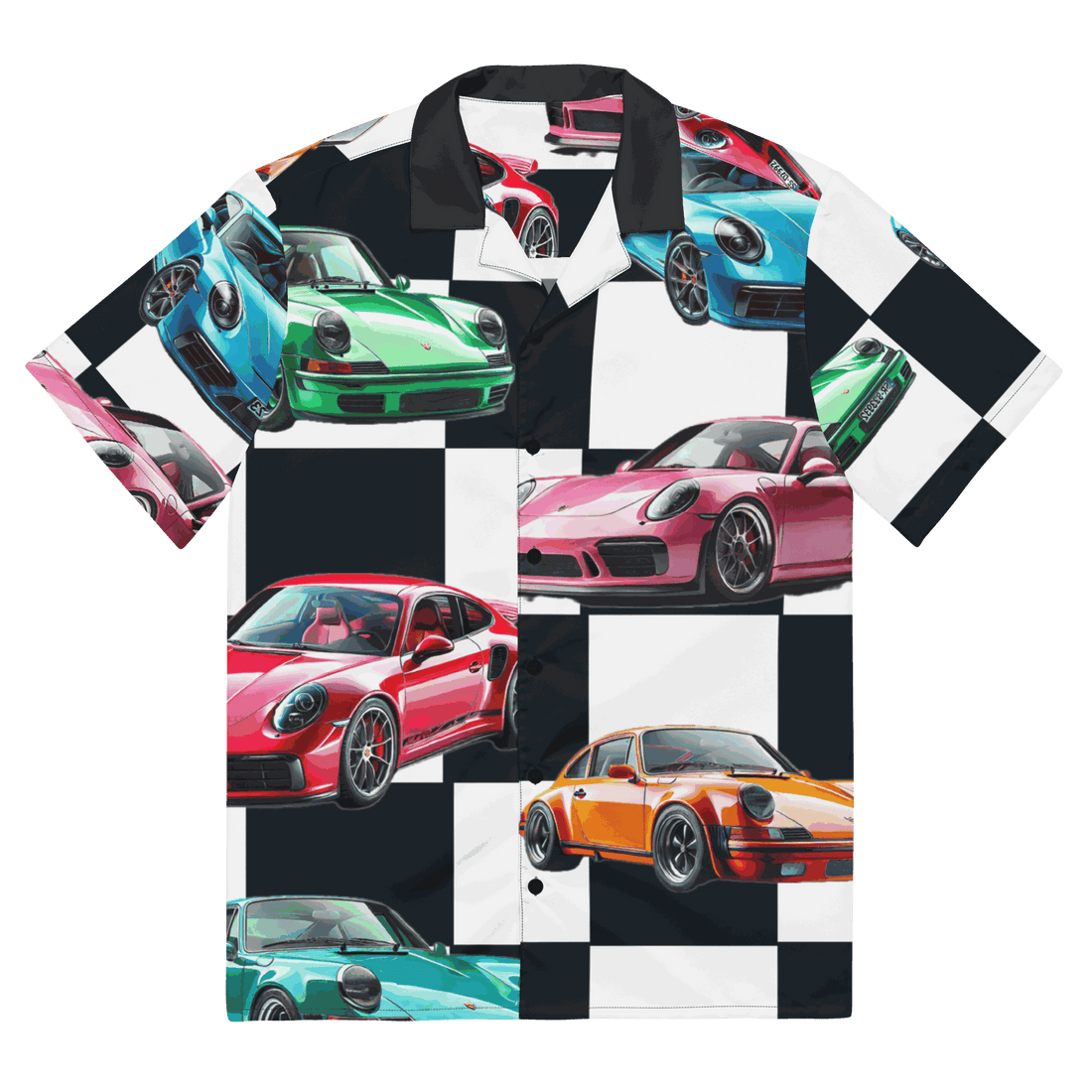 Nine Eleven Hawaiian shirt with colorful classic car print, breathable moisture-wicking fabric, oversized fit, and UPF50+ protection.