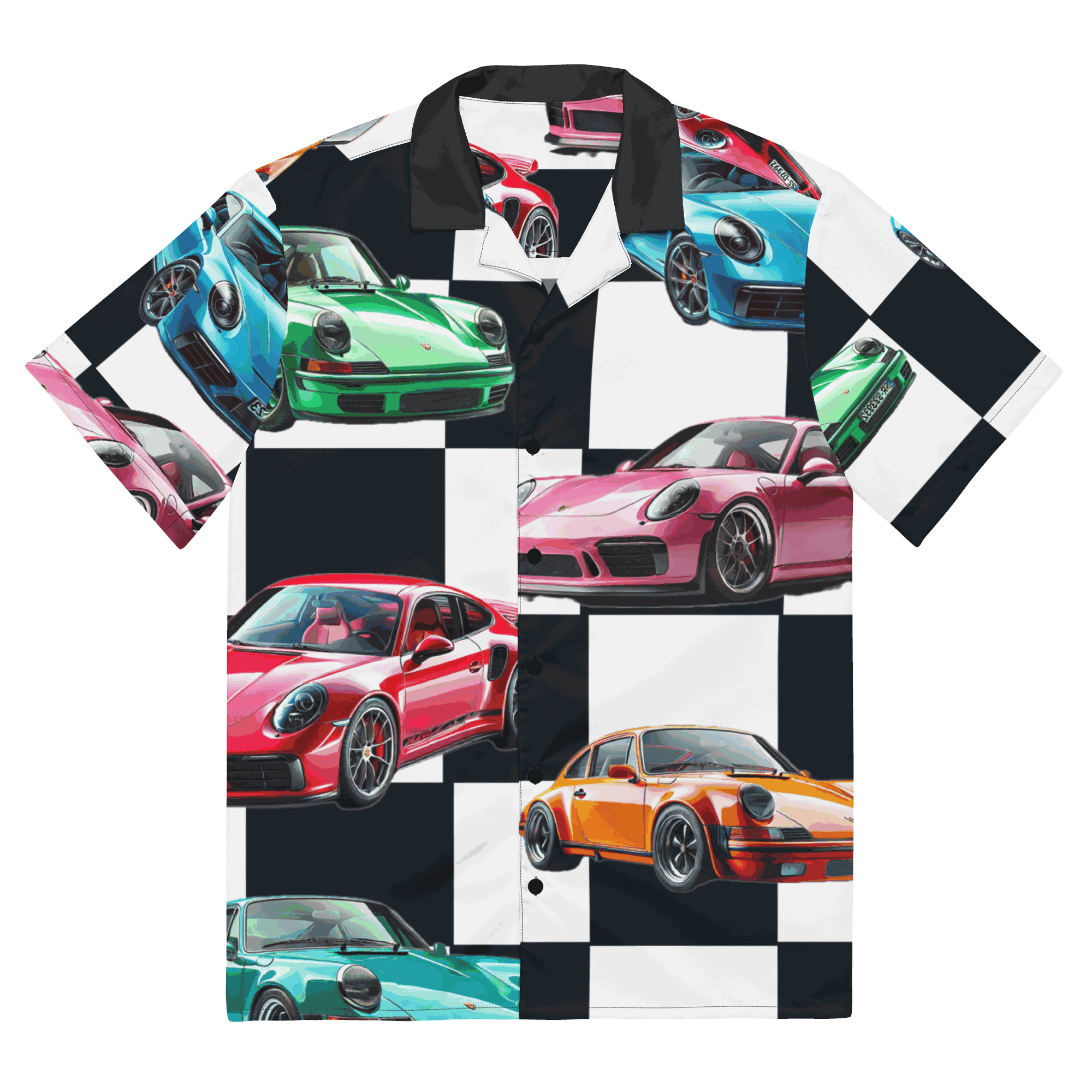 Nine Eleven Hawaiian shirt with colorful classic car print, breathable moisture-wicking fabric, oversized fit, and UPF50+ protection.
