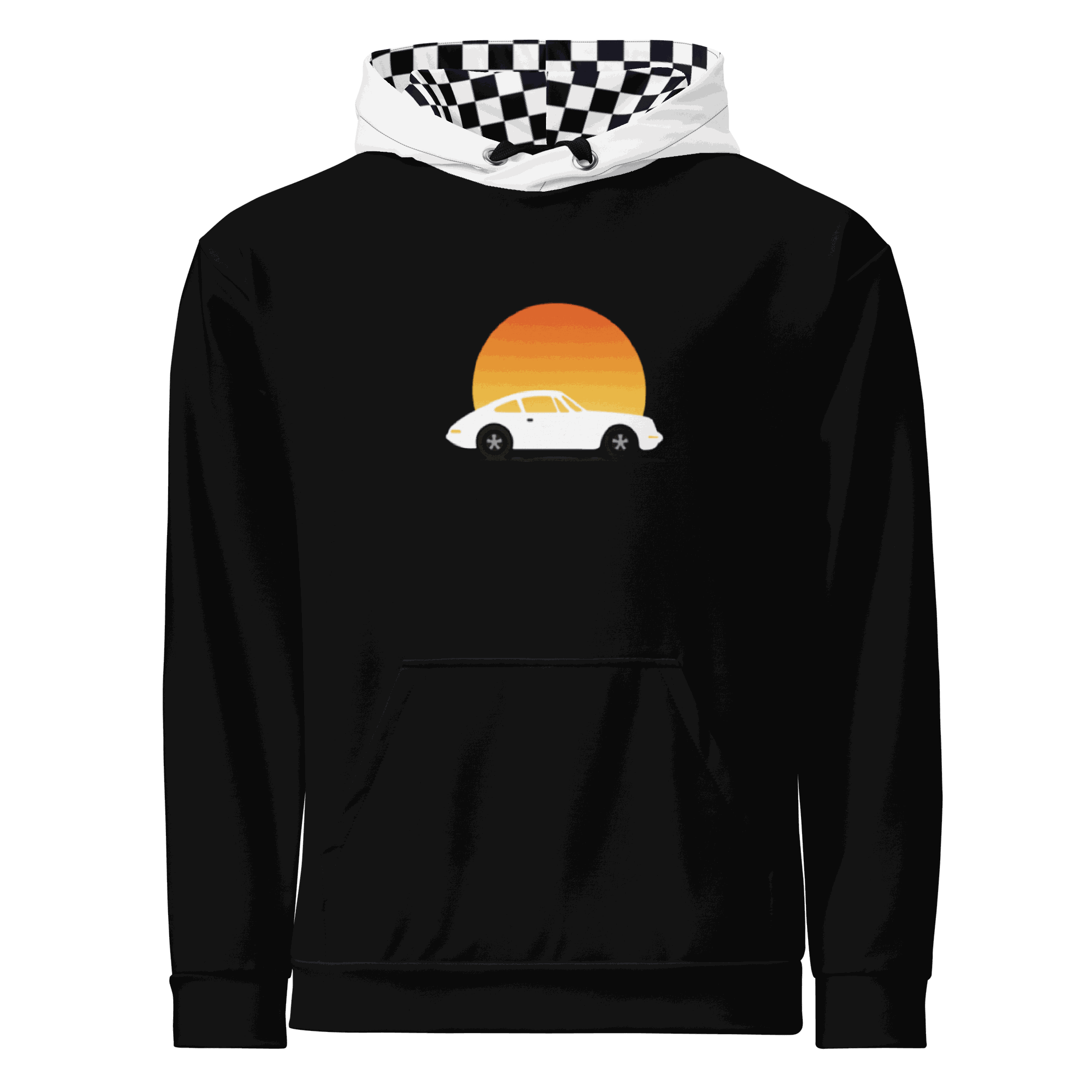 Black Sunset Car Hoodie with retro car graphic and orange sunset design, checkered hood lining, cozy pullover style