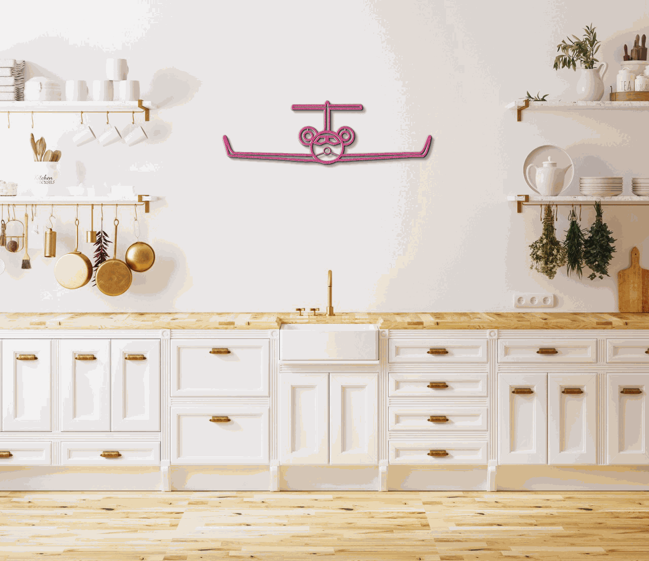 Modern kitchen with a pink steel silhouette aviation metal wall art above the sink