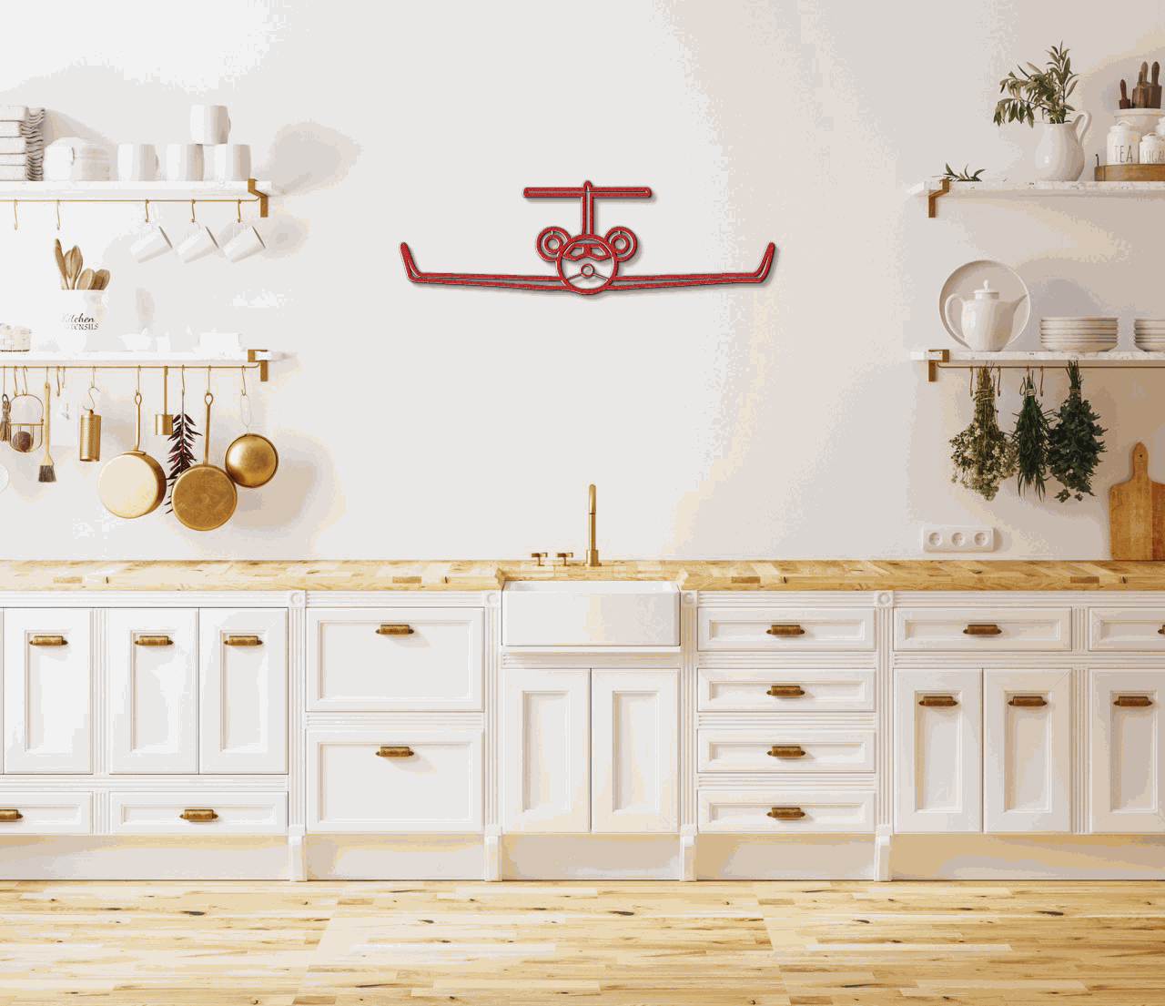 Red metal wall art aviation silhouette in modern kitchen decor
