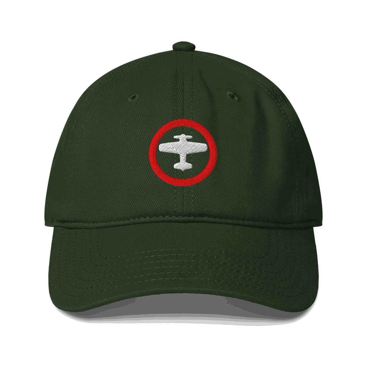 Dark green aviation low-profile baseball cap with embroidered white airplane inside red circle on front, adjustable strap and pre-curved visor.