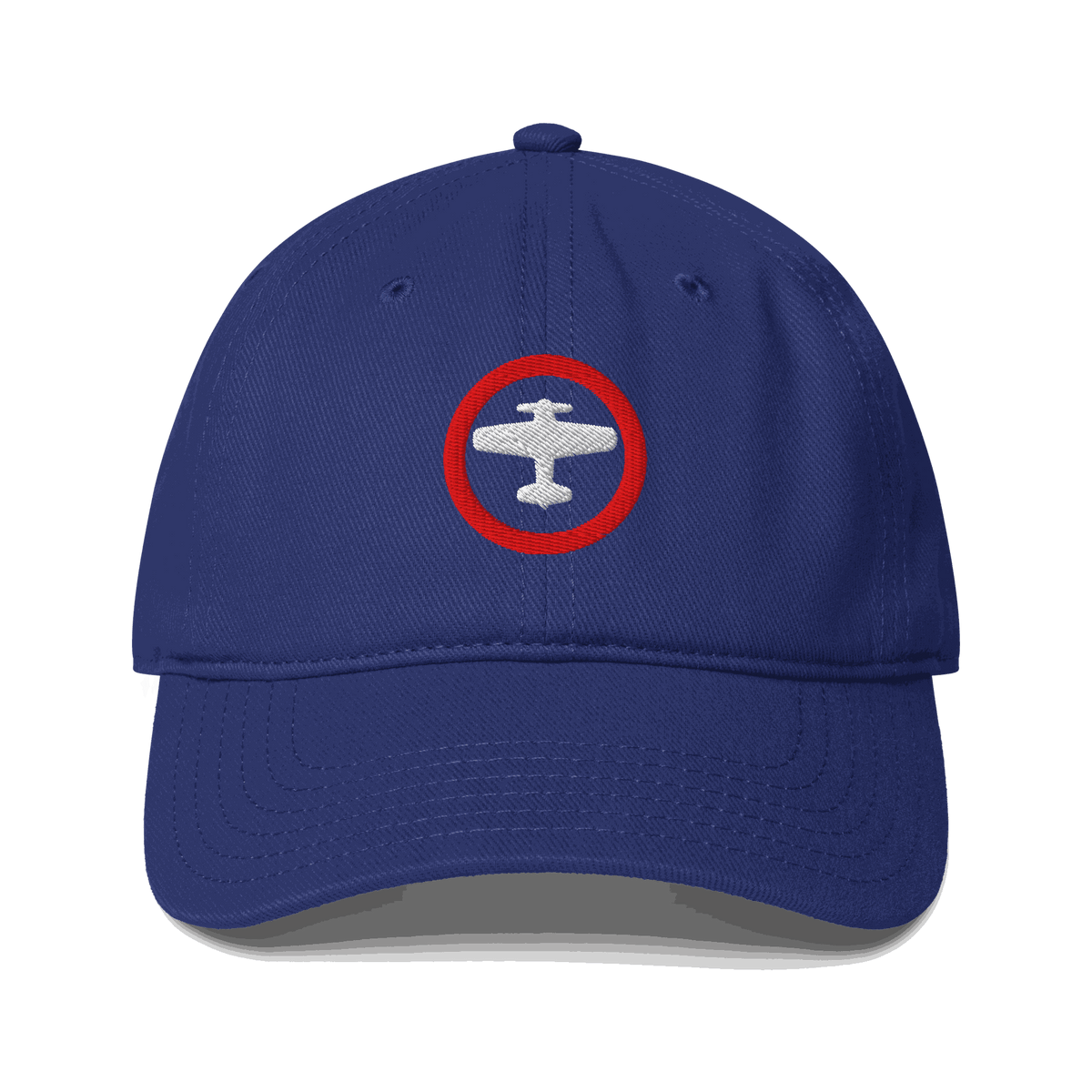 Aviation low-profile baseball cap in blue with embroidered airplane logo and adjustable strap
