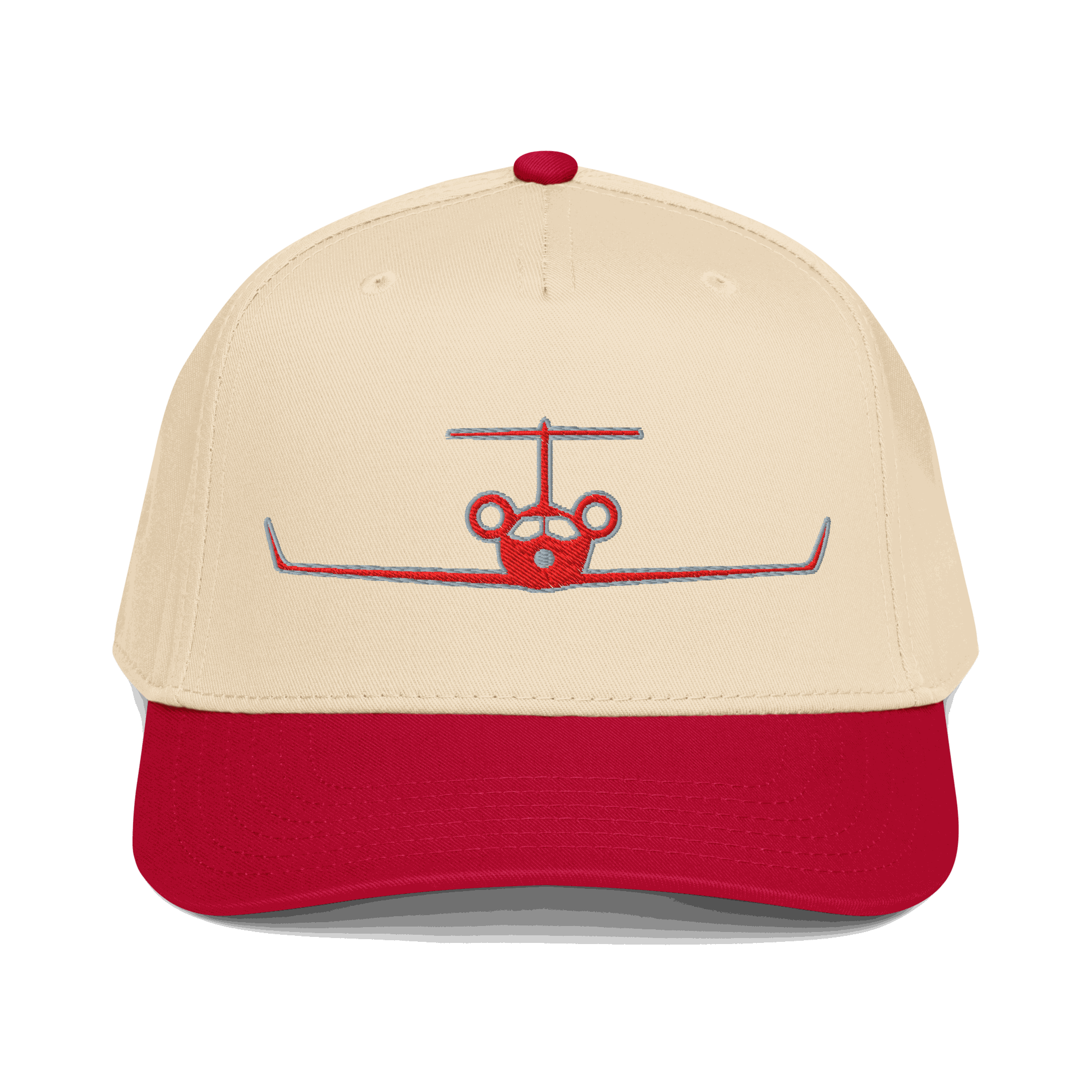 Aviation hat private jet cap with red visor and embroidered plane design