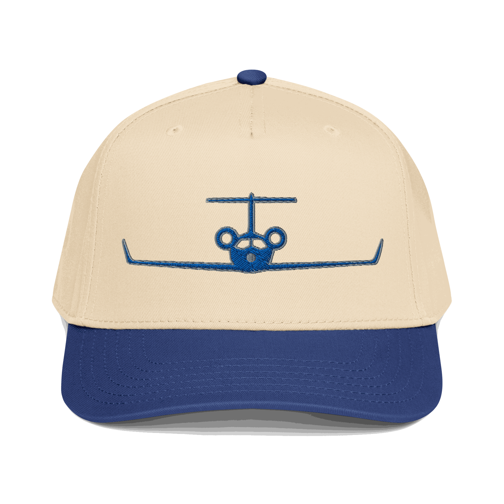 Aviation hat private jet cap 5-panel embroidered beige and blue with airplane design and adjustable snapback closure