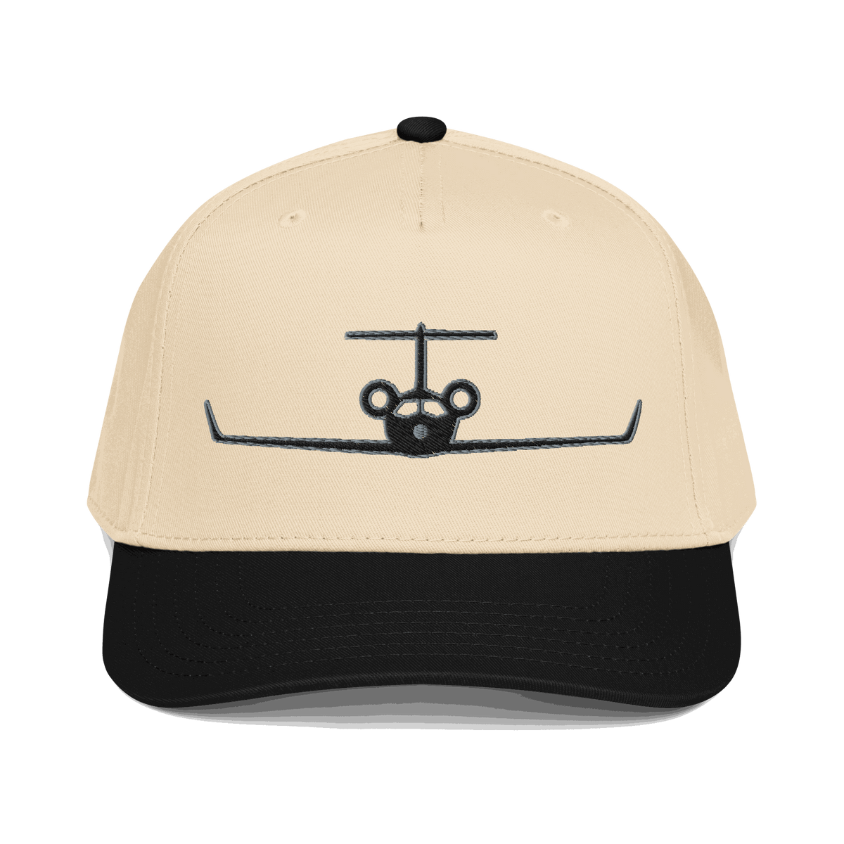 Aviation hat private jet cap with embroidered plane design, beige structured 5-panel front, black curved visor, adjustable snap closure