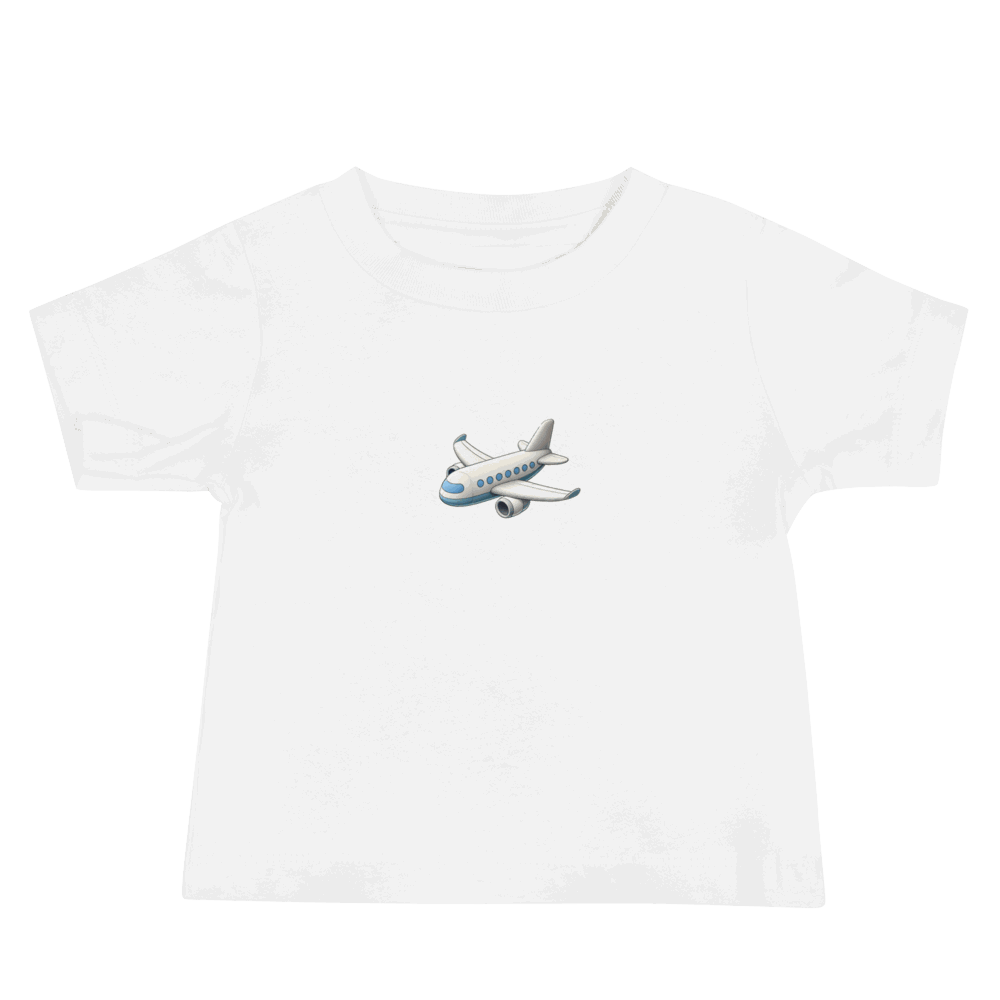White toddler travel t-shirt with airplane graphic and short sleeves made of soft cotton blend
