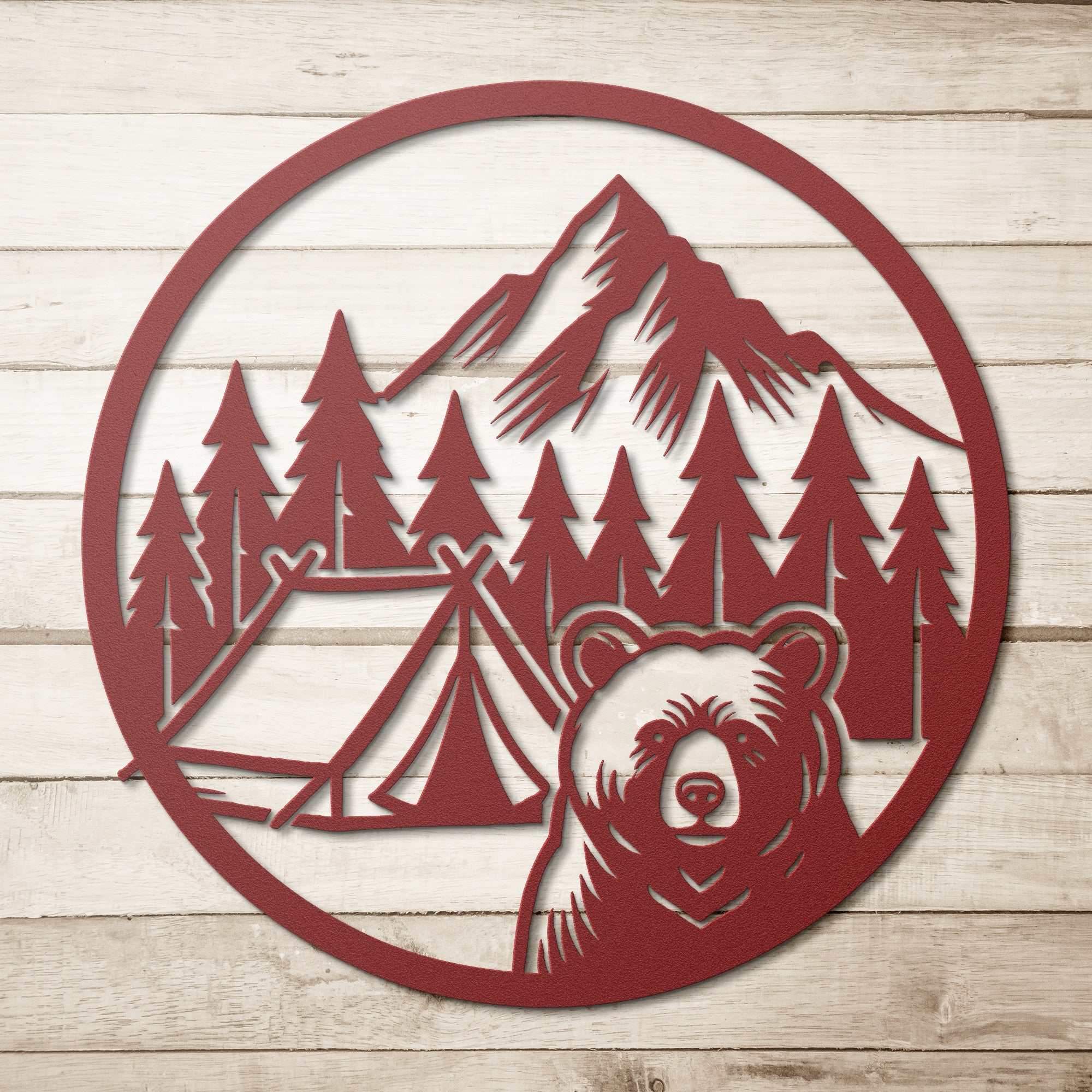Funny Bear Camping Wall Art metal sign with bear, tent, trees, and mountain design in rustic red for cabin decor