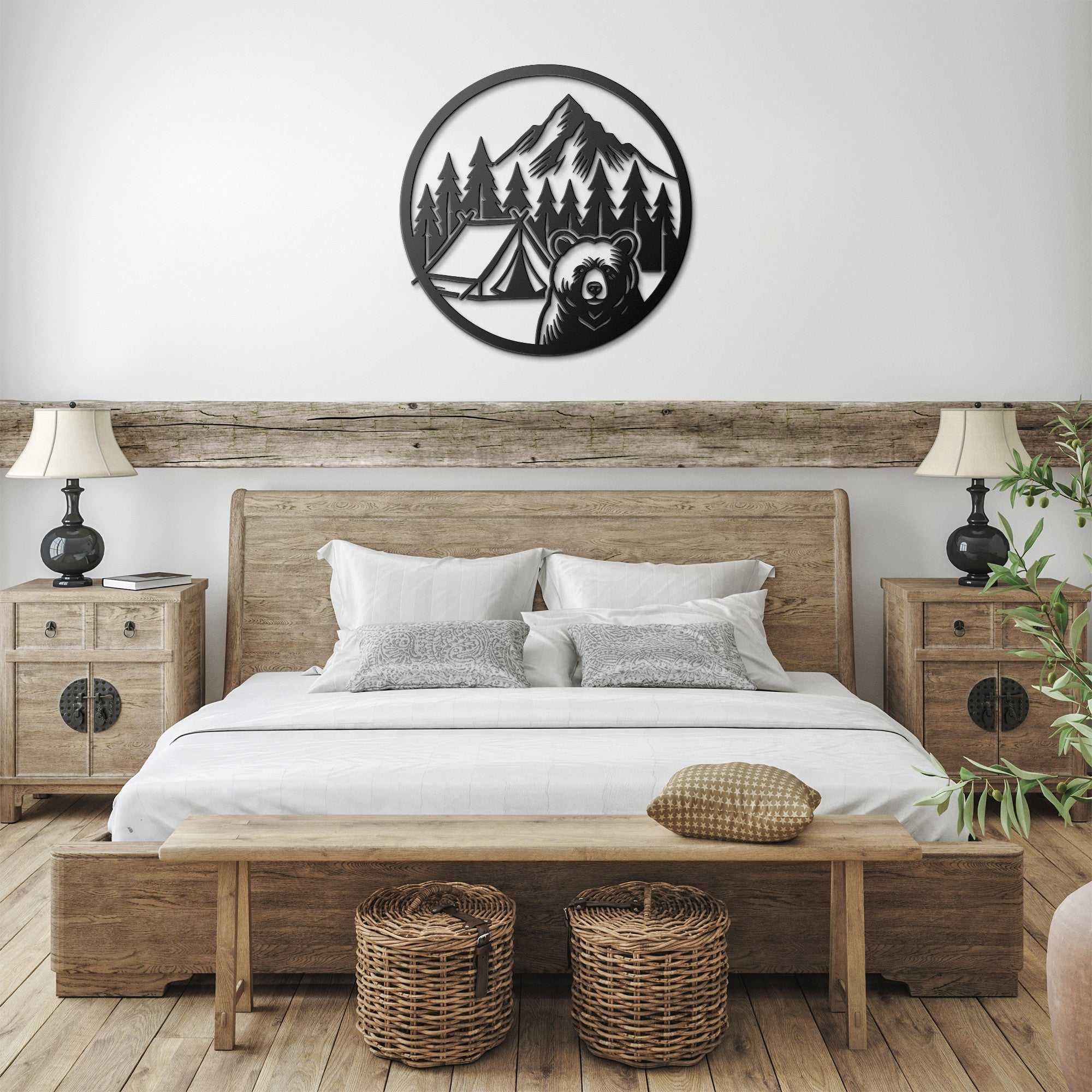 Funny Bear Camping Wall Art metal sign with bear, tent, and mountain design in rustic bedroom decor
