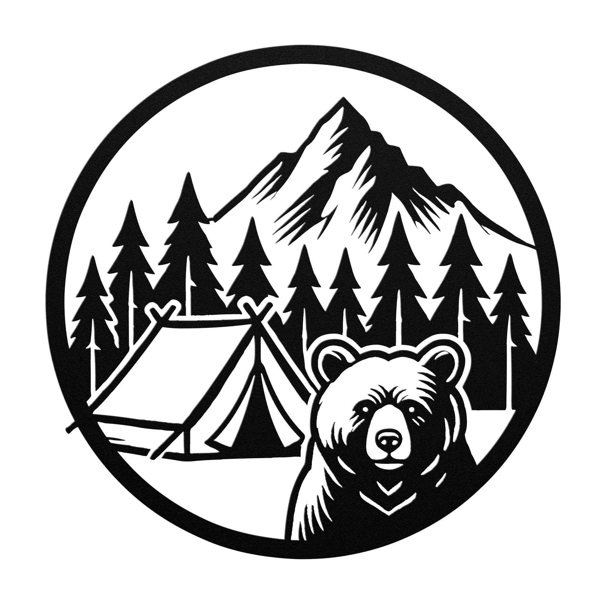 Funny bear camping wall art print with bear, tent, pine trees, and mountain silhouette in rustic cabin decor style