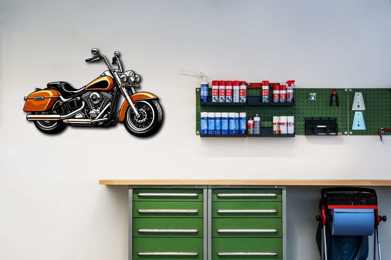 Motorcycle metal wall art sign featuring detailed orange motorcycle design, indoor and outdoor durable steel decor