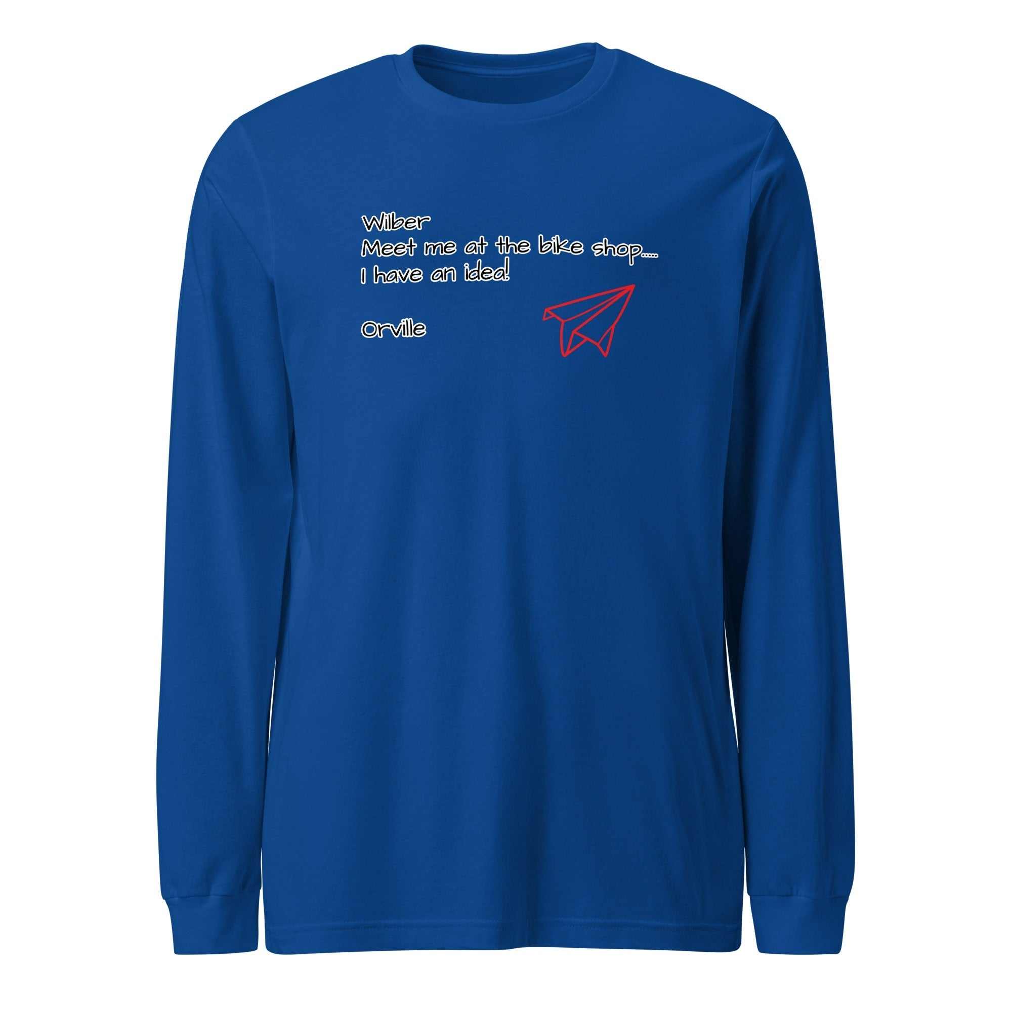 Bike Shop Unisex Long Sleeve Tee in blue with paper airplane graphic and casual fit