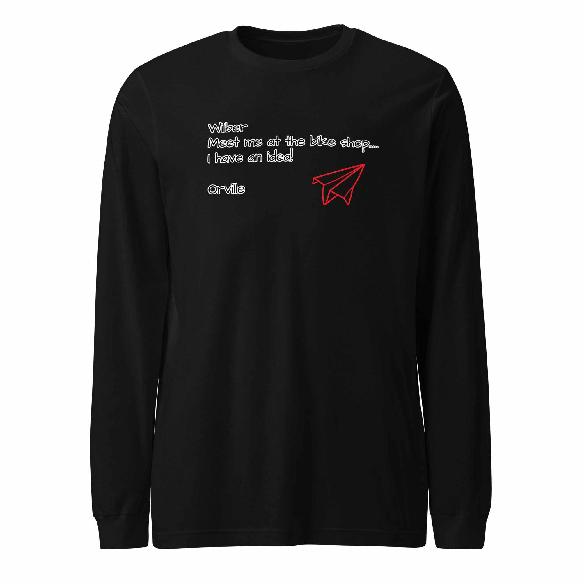 Bike Shop Unisex Long Sleeve Tee black with white text and red paper airplane graphic
