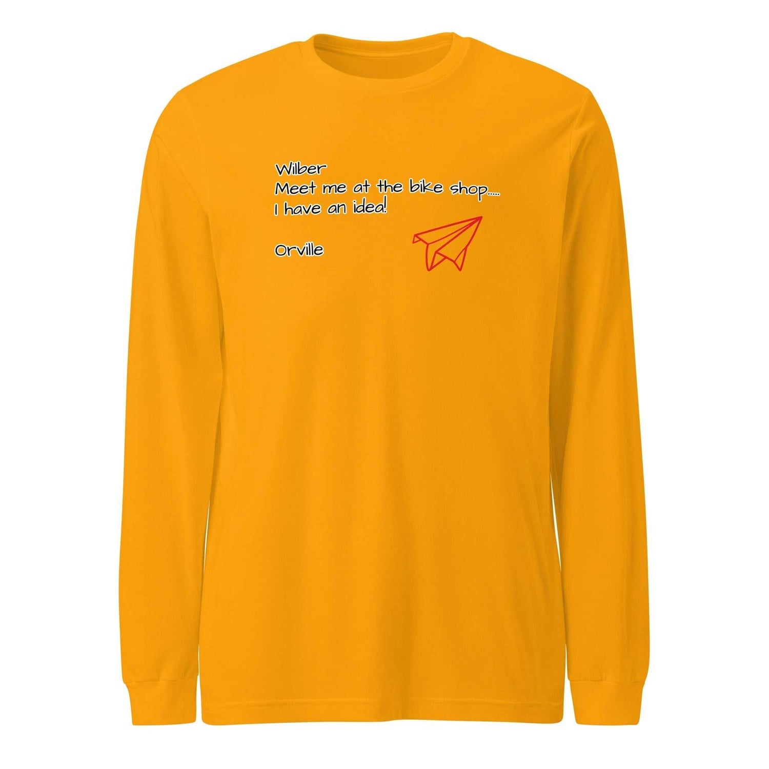 yellow Bike Shop Unisex Long Sleeve Tee with paper airplane and text design on front